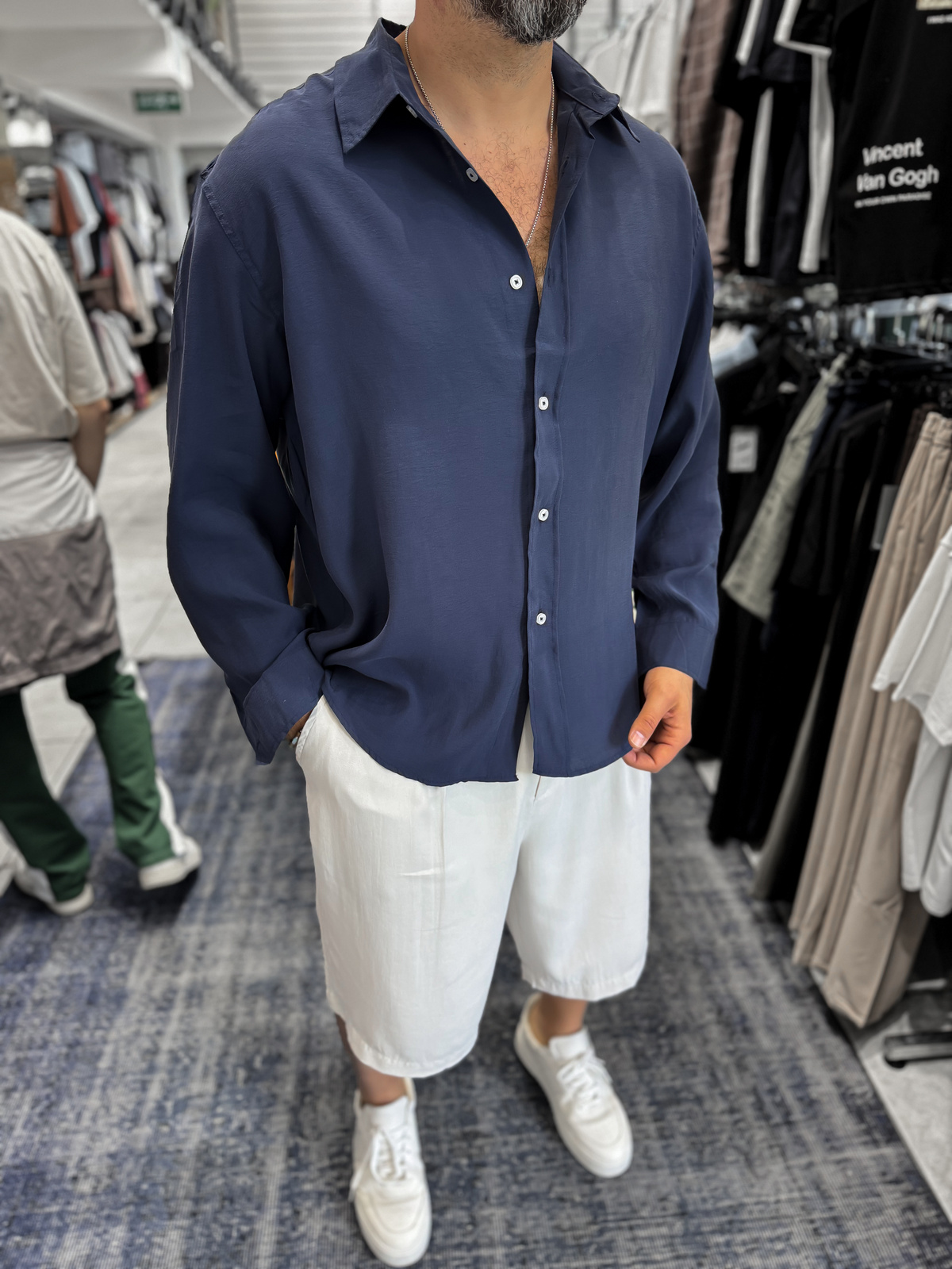 Lacivert Basic Tensel Oversize Gömlek JJ-171