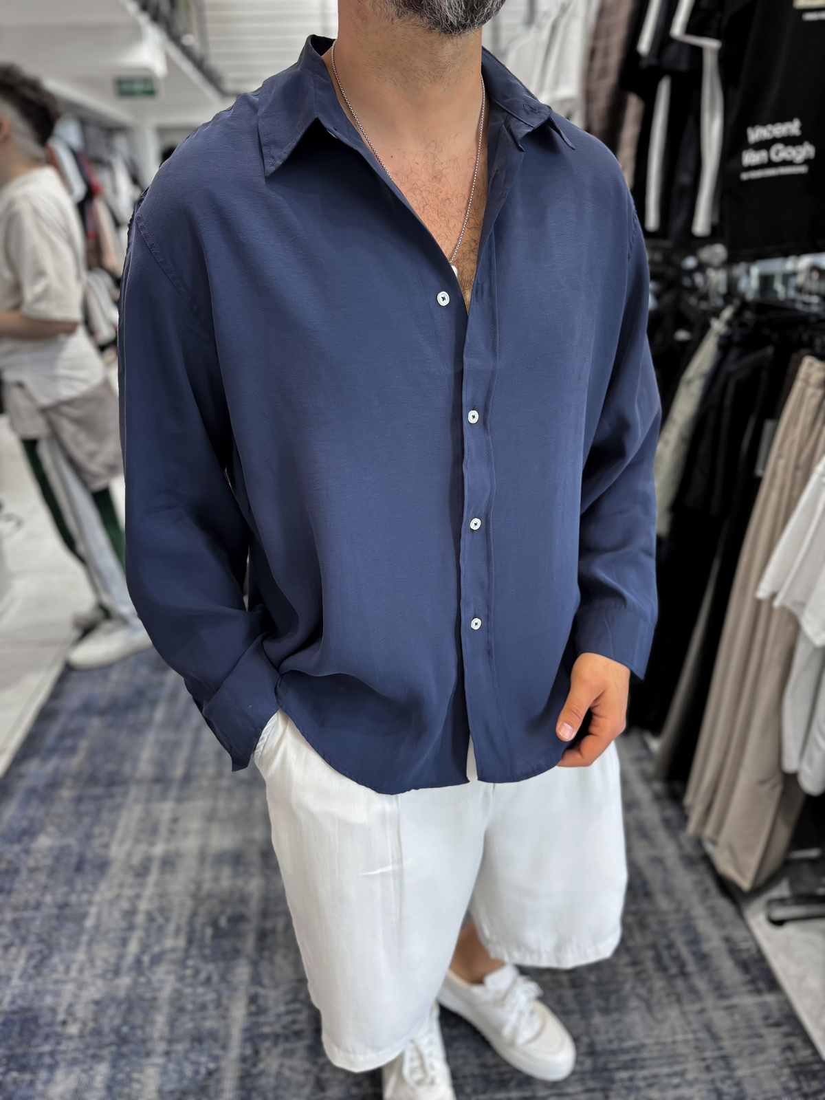 Lacivert Basic Tensel Oversize Gömlek JJ-171