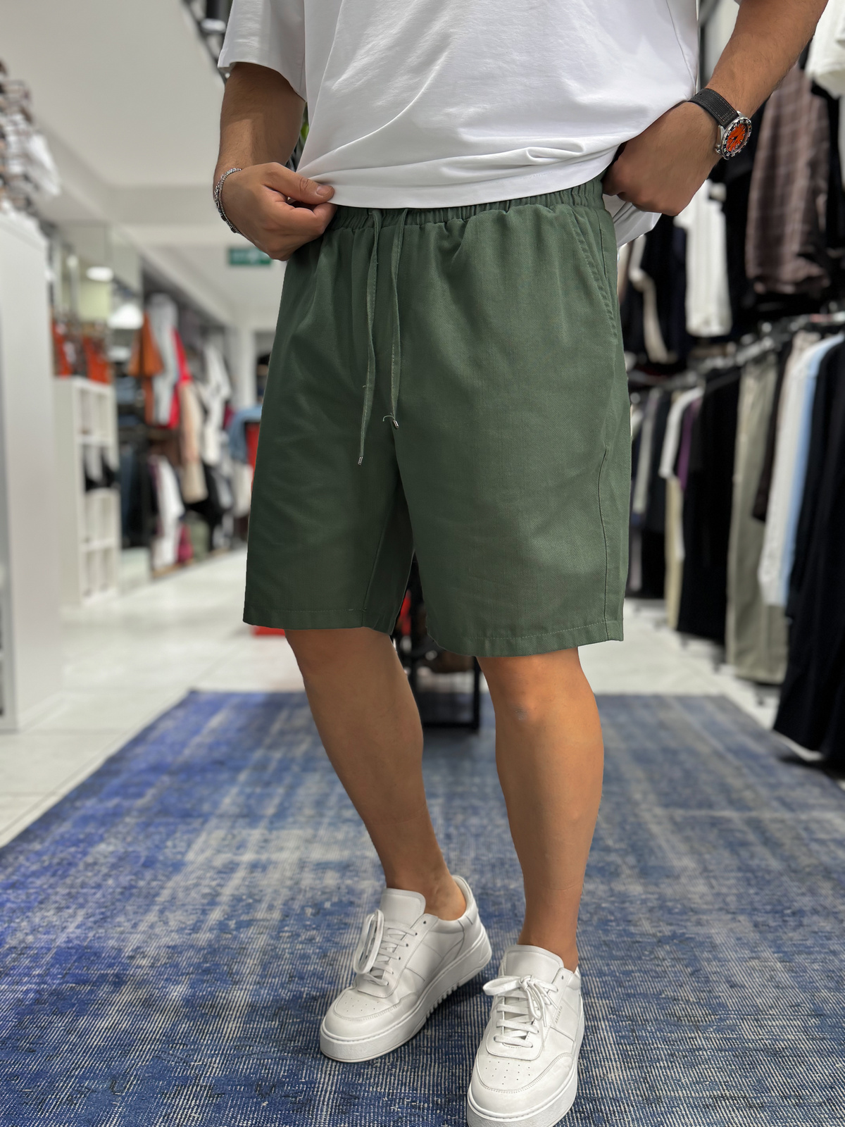 Yeşil Keten Dokulu Basic Şort LNS-3123