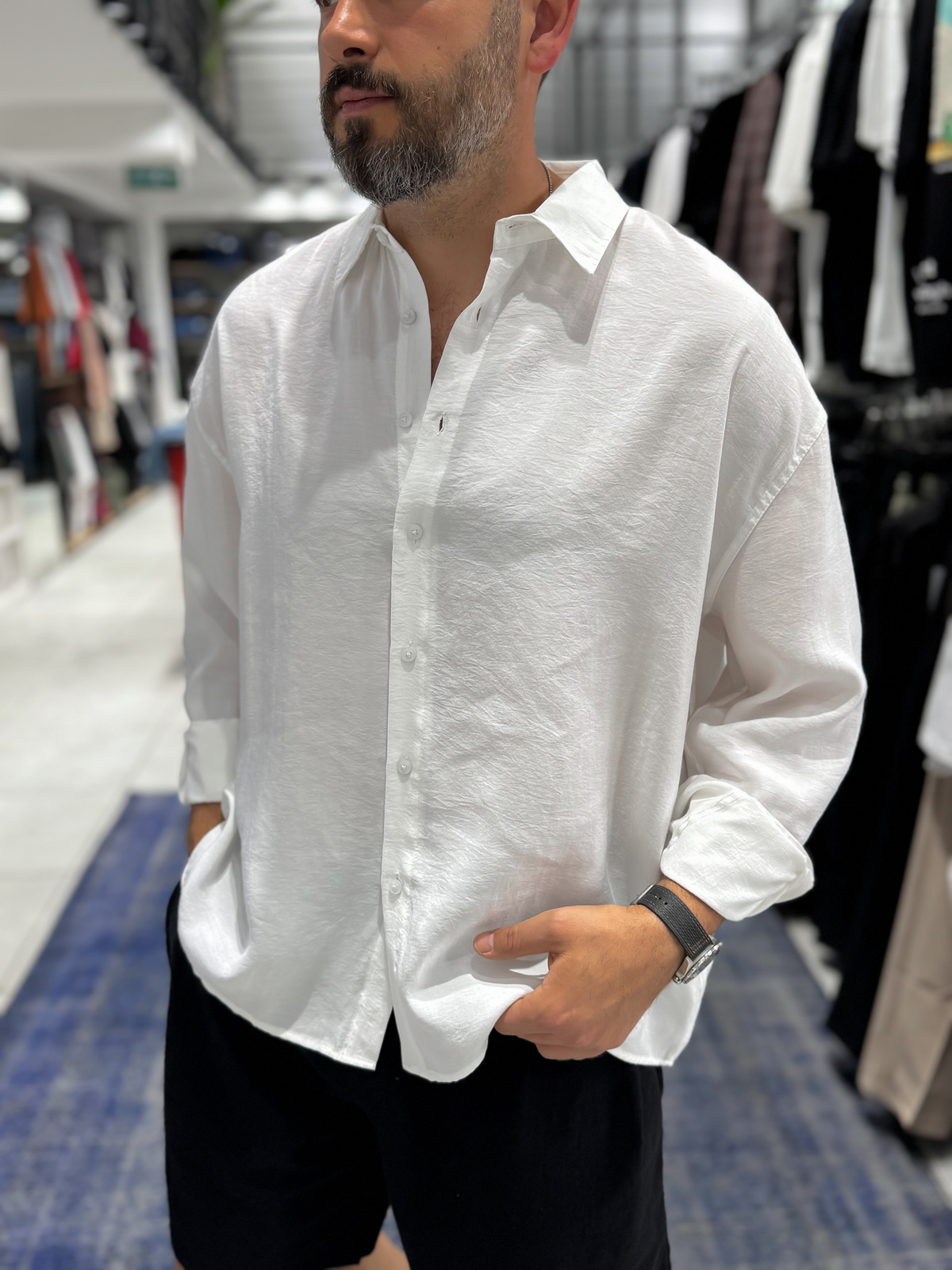 Beyaz Tensel Kumaş Oversize Gömlek TW-1176