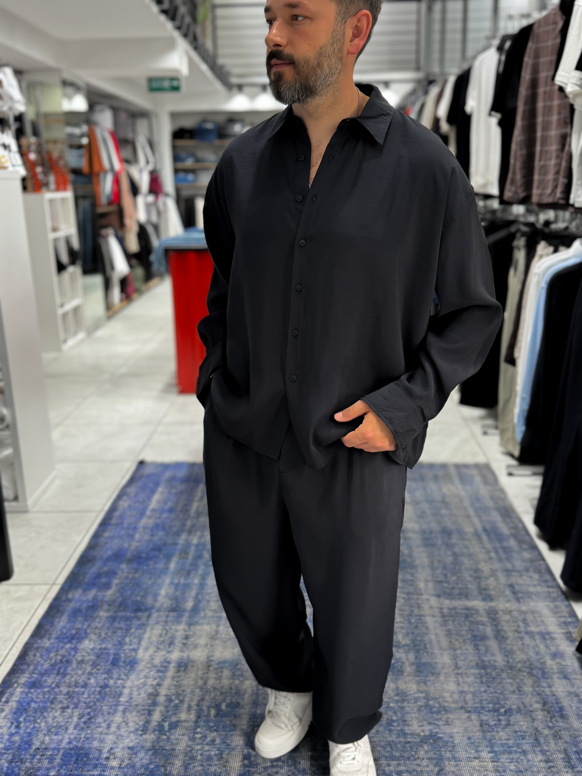 Siyah Tensel Kumaş Oversize Gömlek TW-1176
