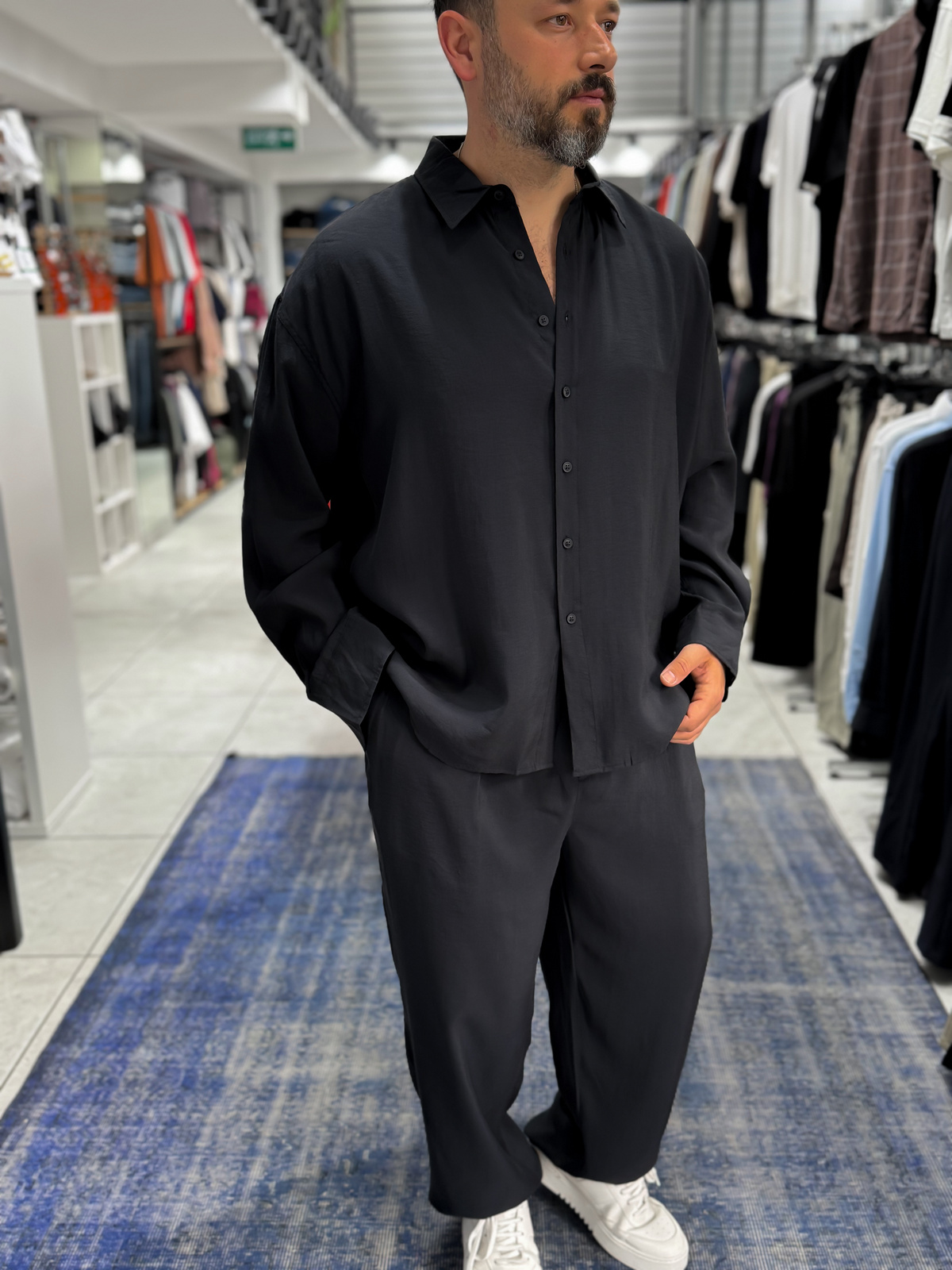Siyah Tensel Kumaş Oversize Gömlek TW-1176