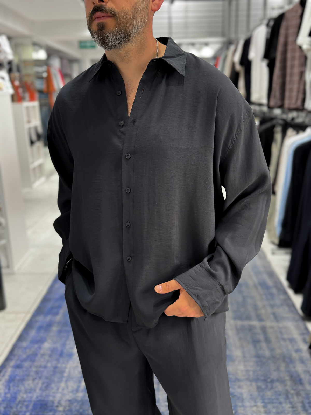 Siyah Tensel Kumaş Oversize Gömlek TW-1176