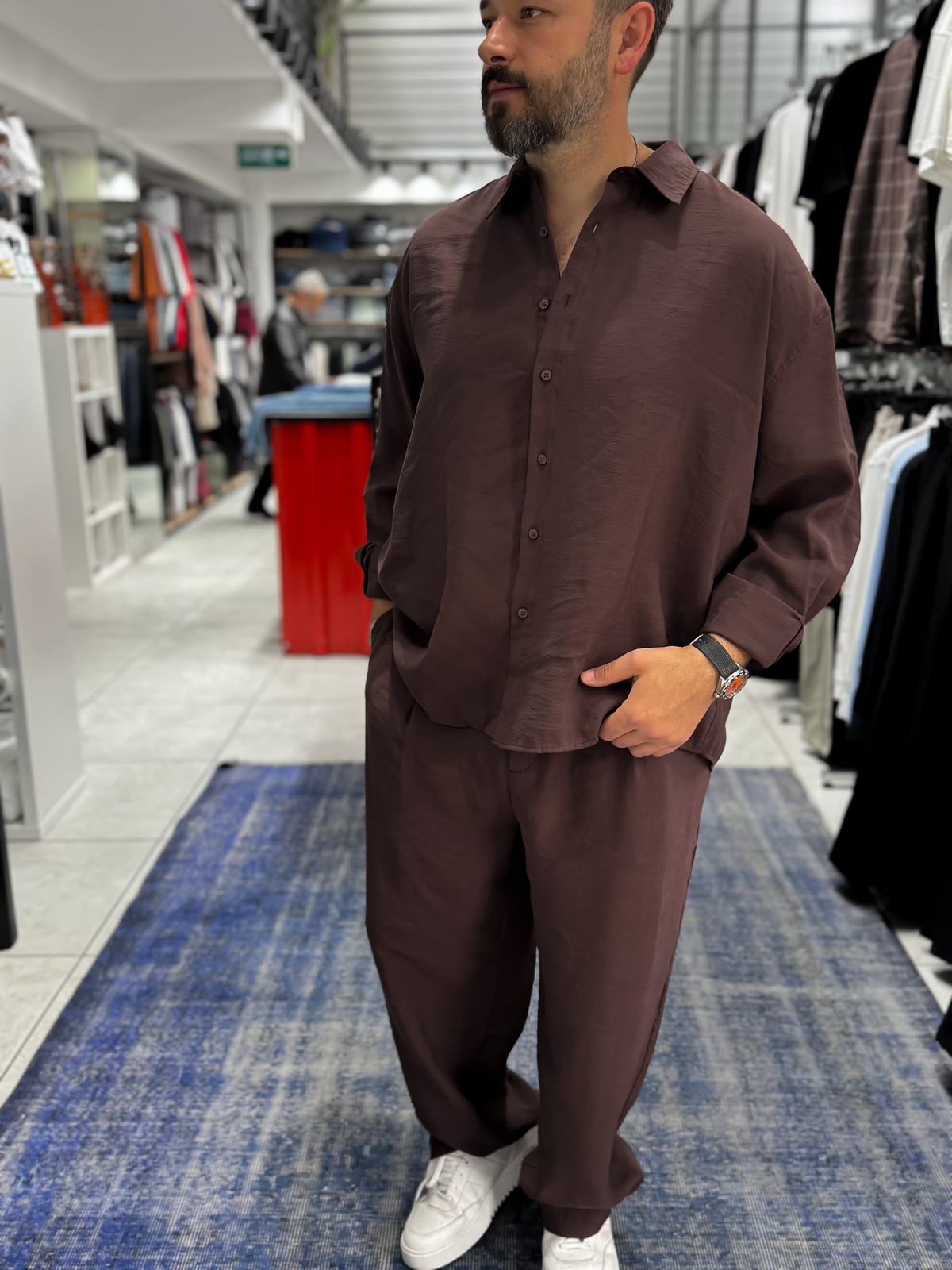 Kahve Tensel Kumaş Oversize Gömlek TW-1176