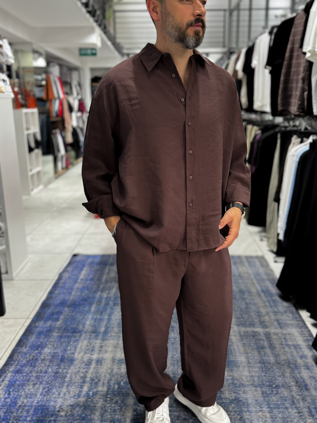 Kahve Tensel Kumaş Oversize Gömlek TW-1176