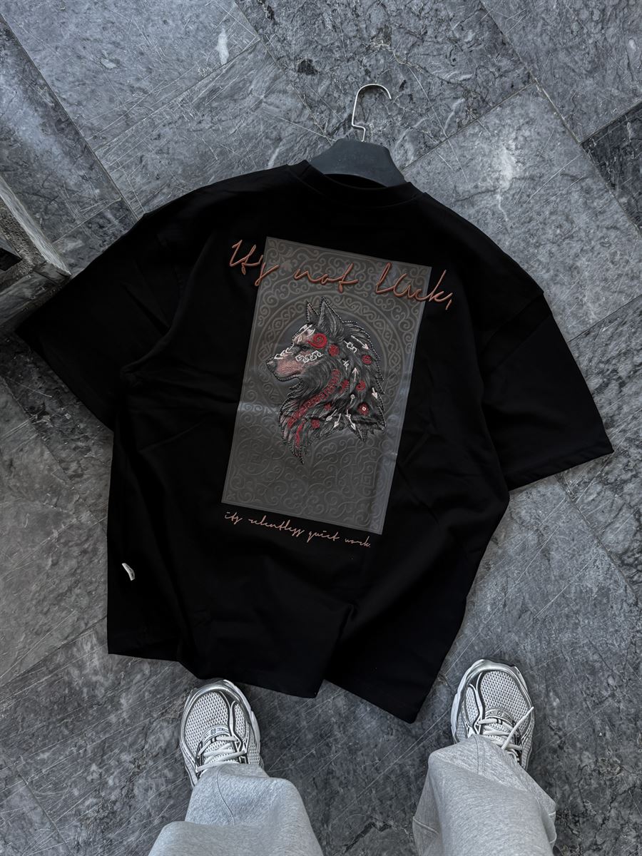 Siyah Kurt Nakışlı Oversize T-Shirt SW-5158