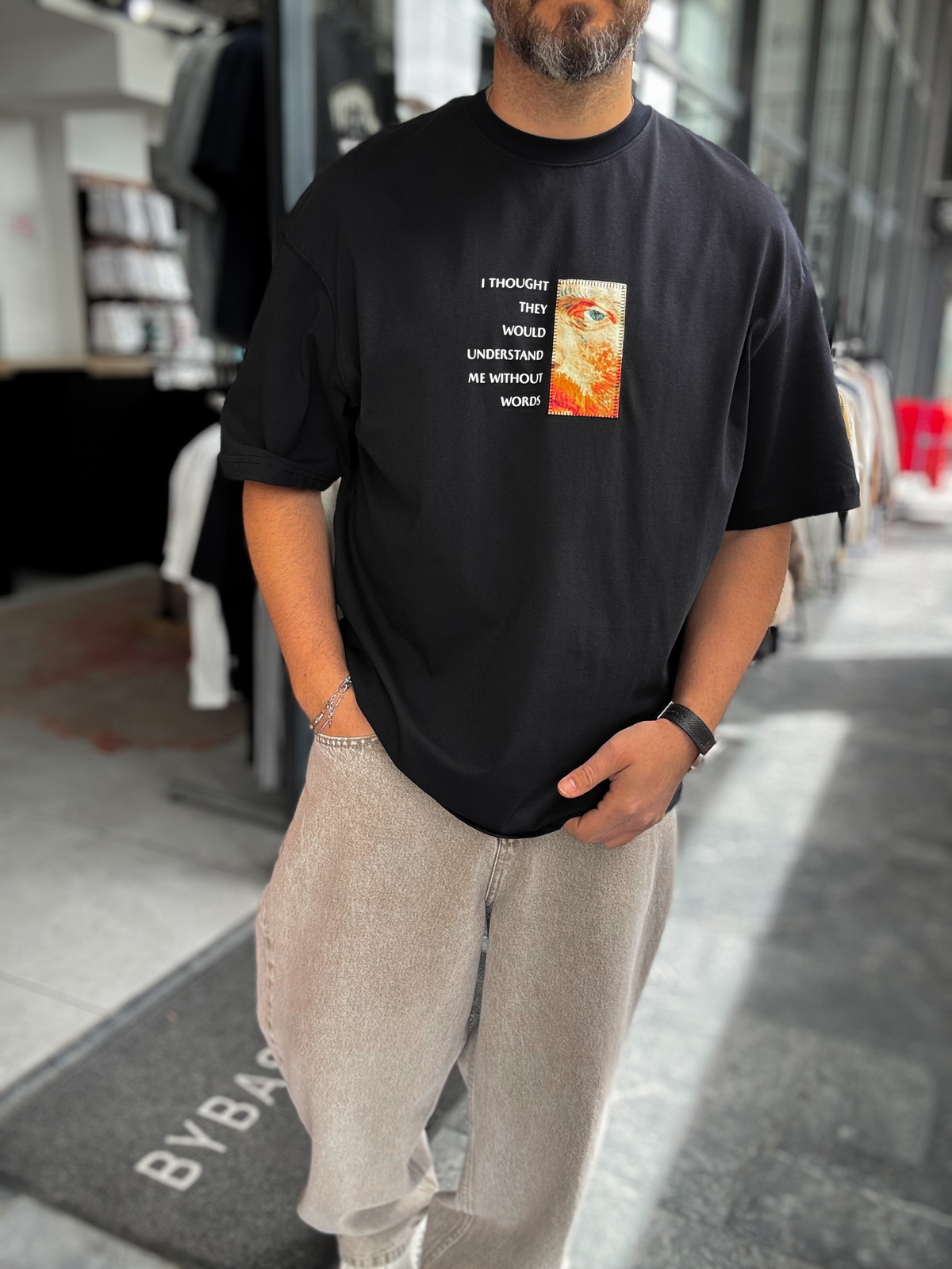 Siyah Van Gogh Patchli Oversize T-Shirt SW-5142