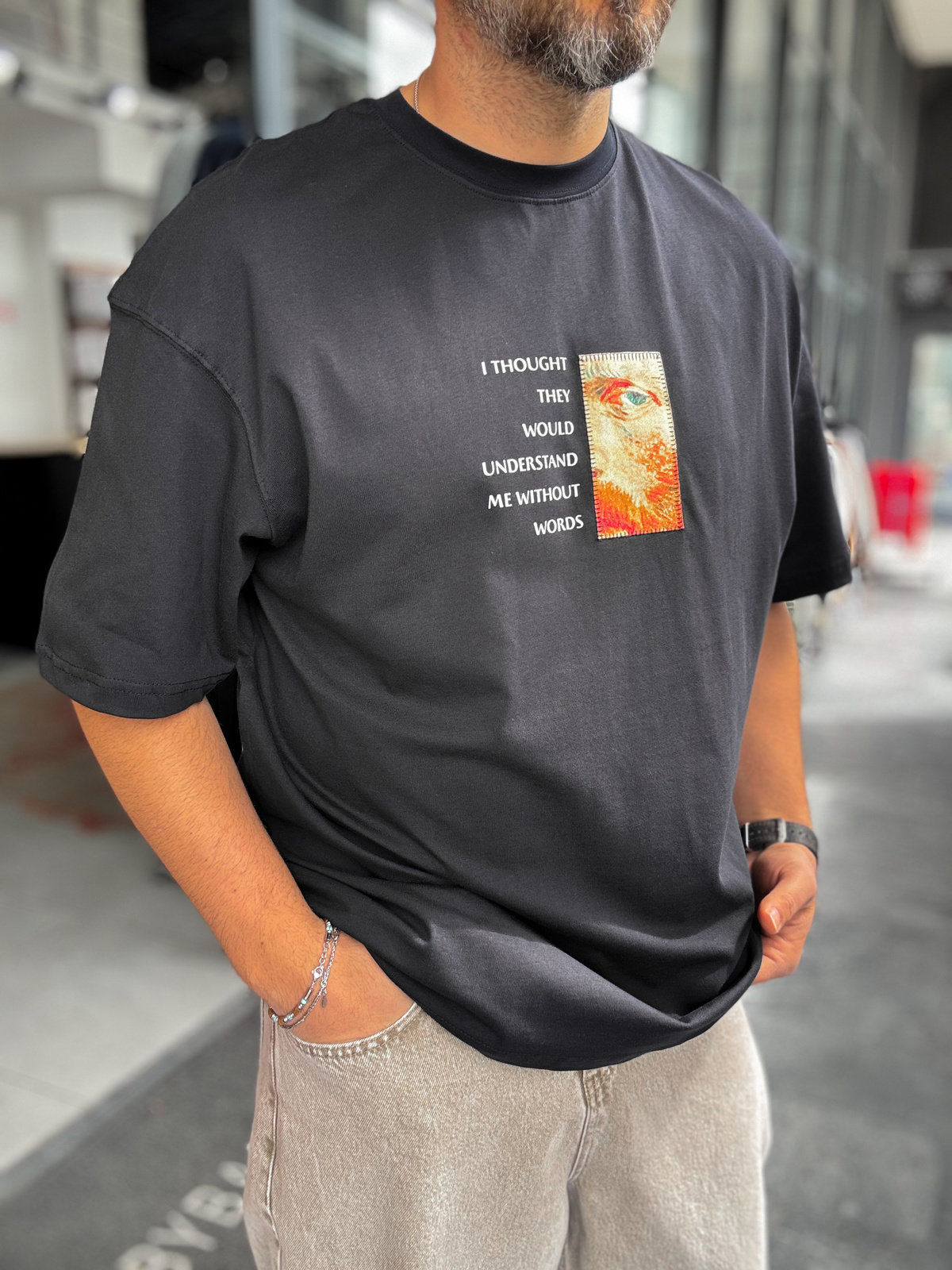 Siyah Van Gogh Patchli Oversize T-Shirt SW-5142
