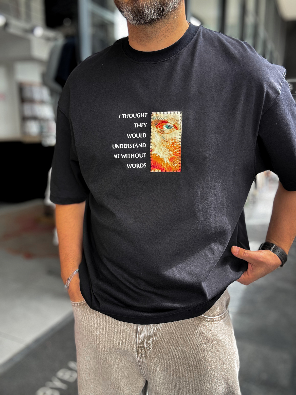 Siyah Van Gogh Patchli Oversize T-Shirt SW-5142