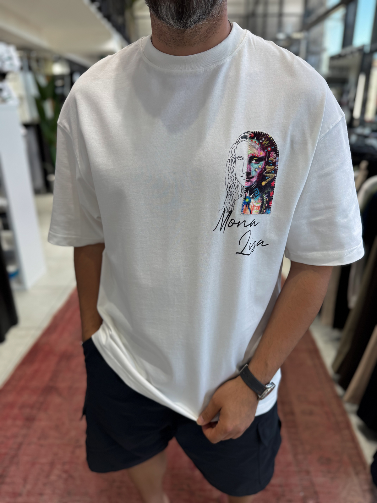 Beyaz Mona Lisa Patchli Oversize T-Shirt SW-5140