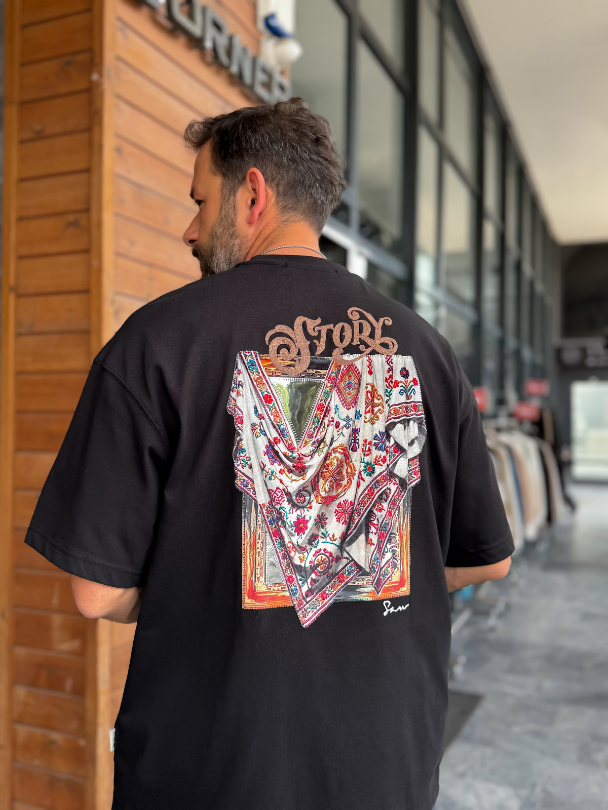 Siyah Ayna Bandana Patchli Oversize T-Shirt SW-5182
