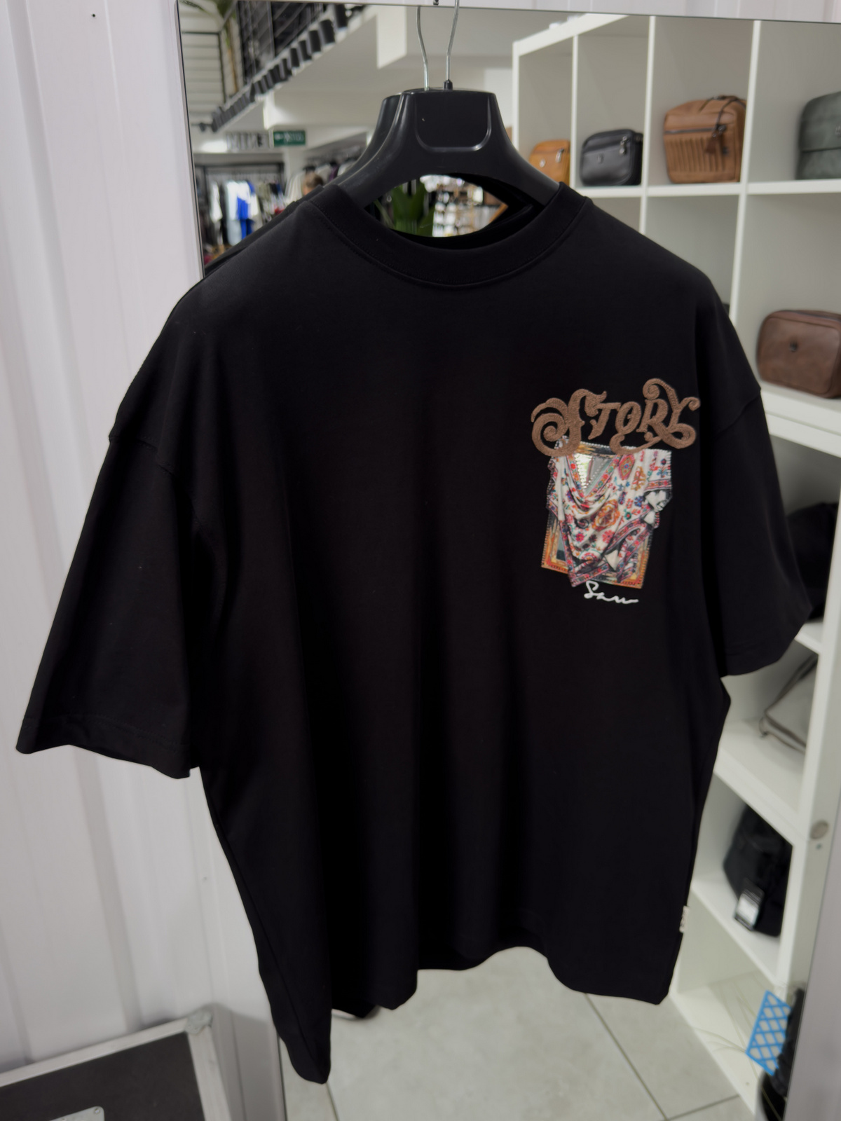 Siyah Ayna Bandana Patchli Oversize T-Shirt SW-5182