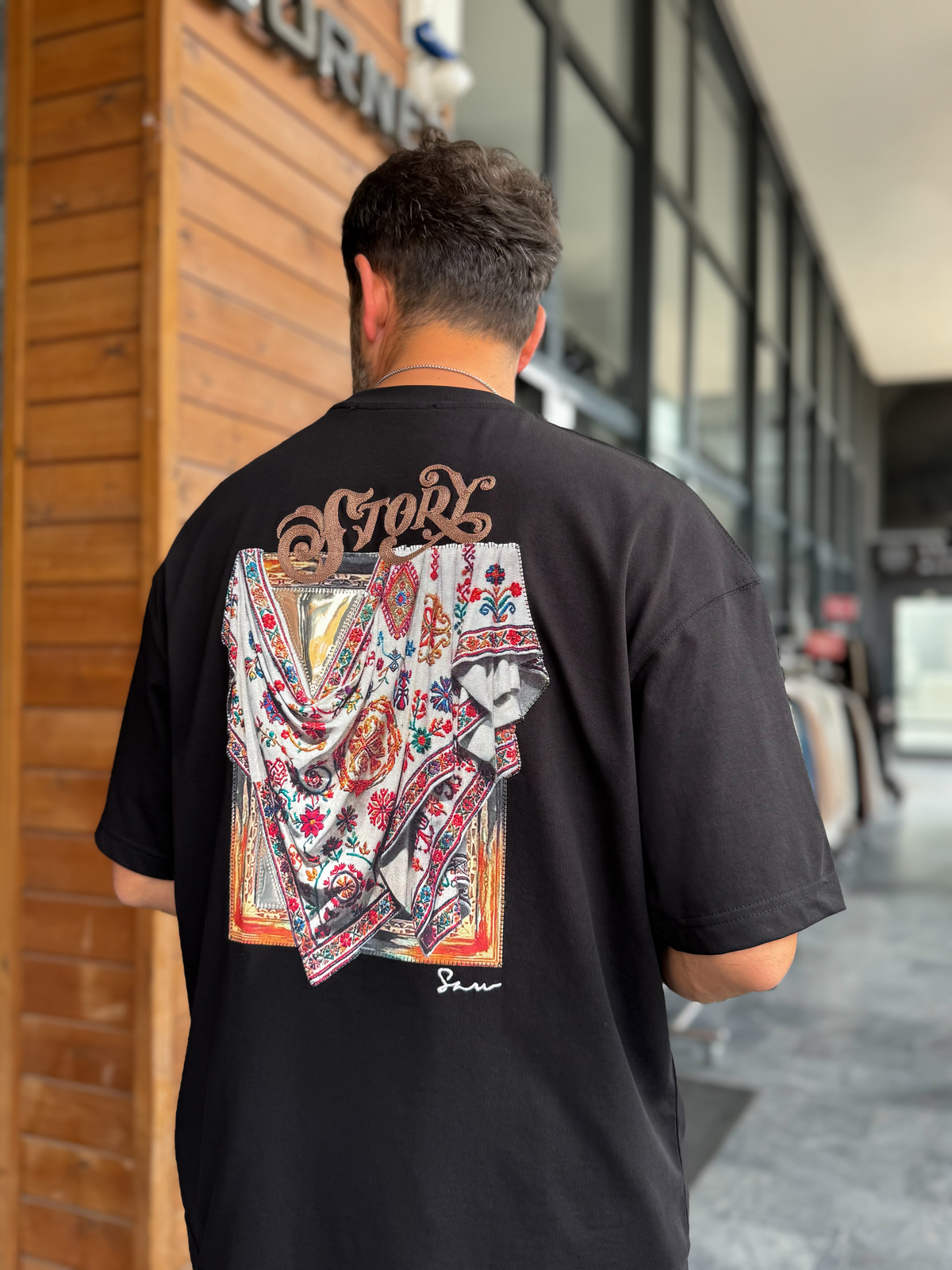 Siyah Ayna Bandana Patchli Oversize T-Shirt SW-5182