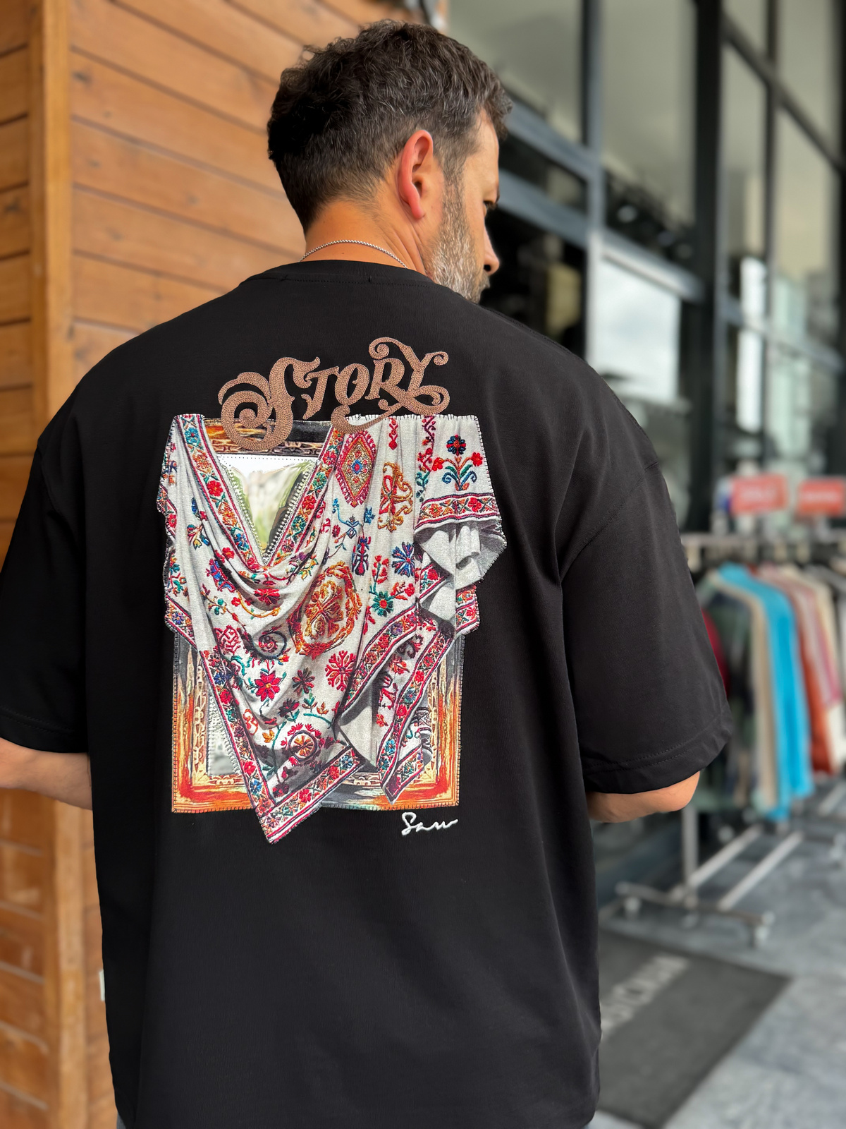 Siyah Ayna Bandana Patchli Oversize T-Shirt SW-5182