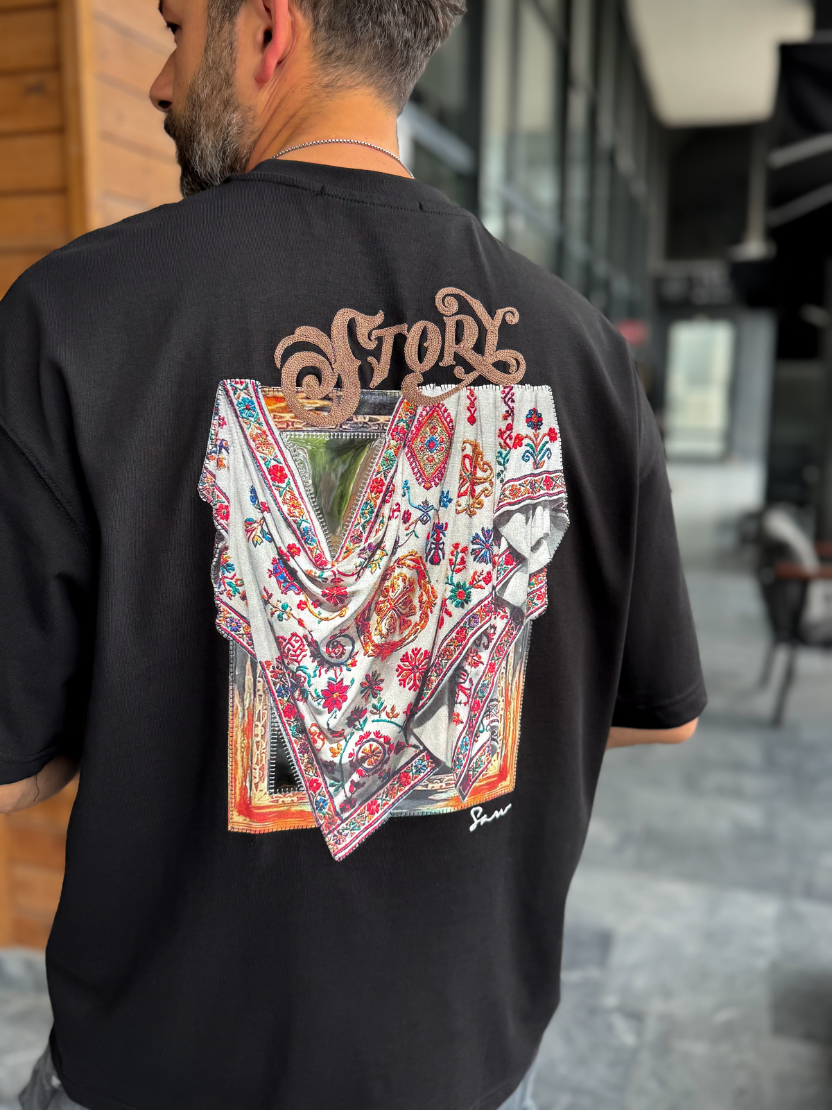 Siyah Ayna Bandana Patchli Oversize T-Shirt SW-5182
