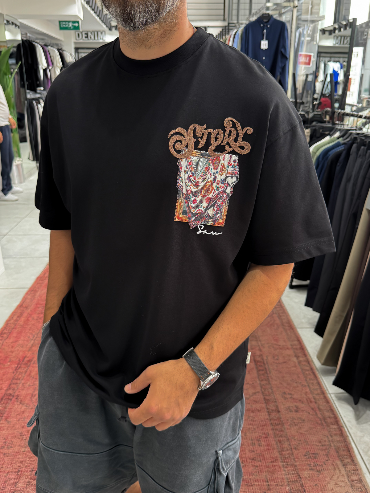 Siyah Ayna Bandana Patchli Oversize T-Shirt SW-5182