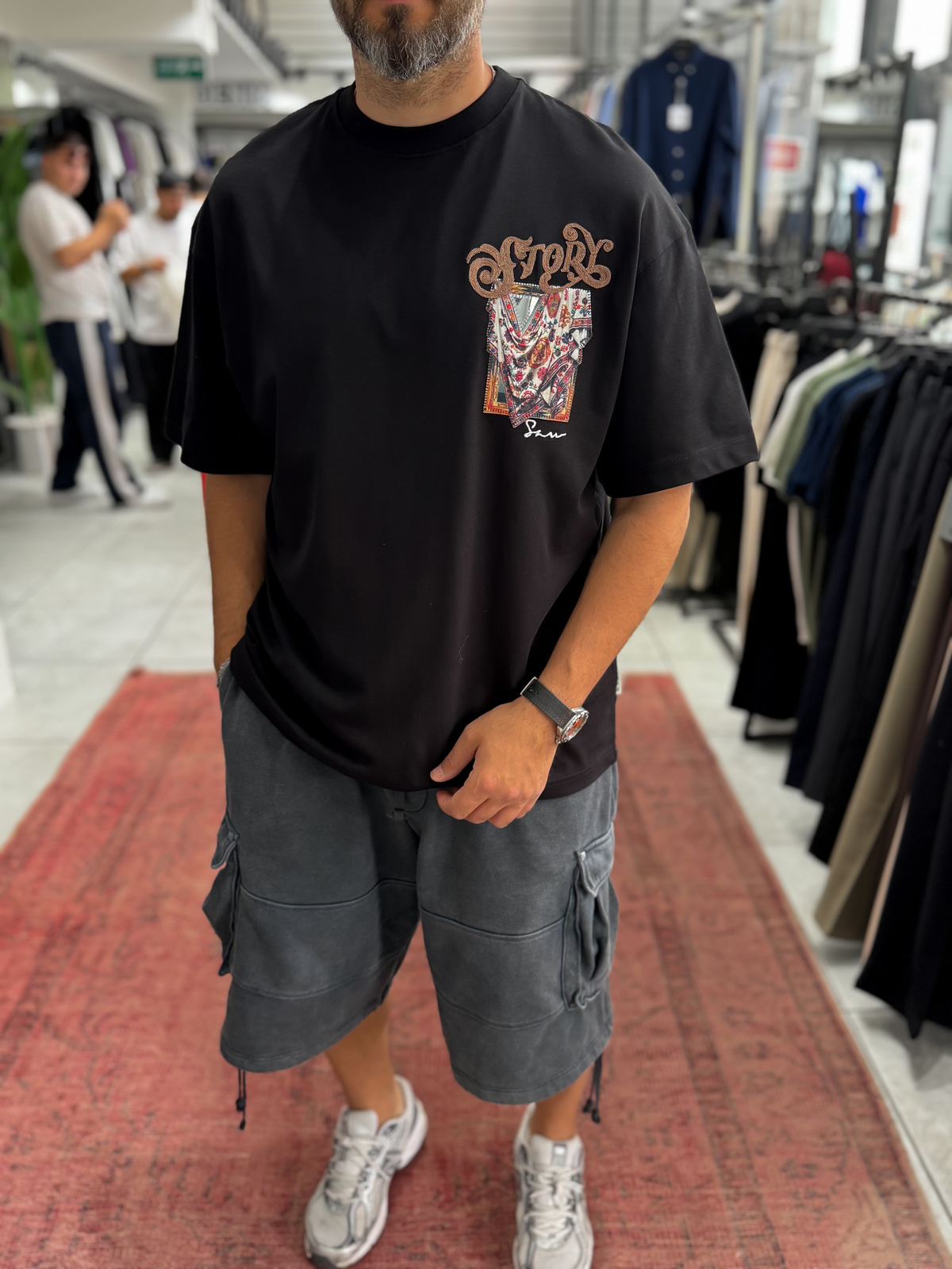 Siyah Ayna Bandana Patchli Oversize T-Shirt SW-5182