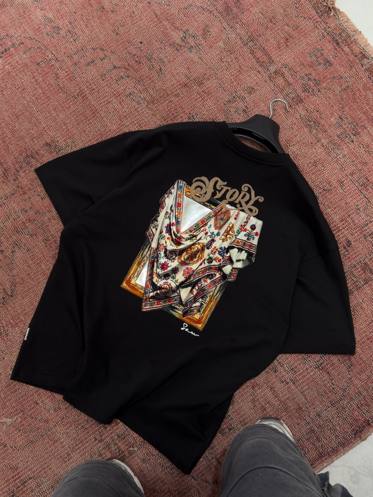 Siyah Ayna Bandana Patchli Oversize T-Shirt SW-5182