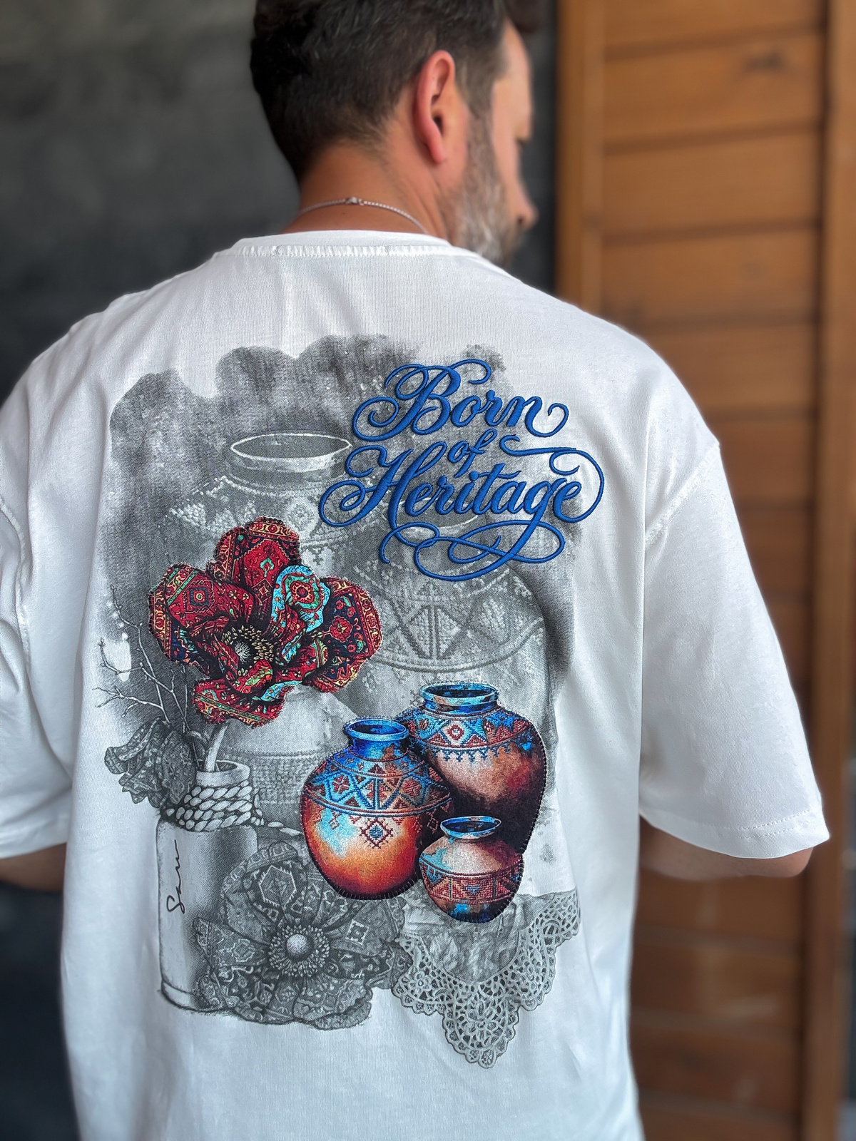 Beyaz Heritage Nakışlı Oversize T-Shirt SW-5181