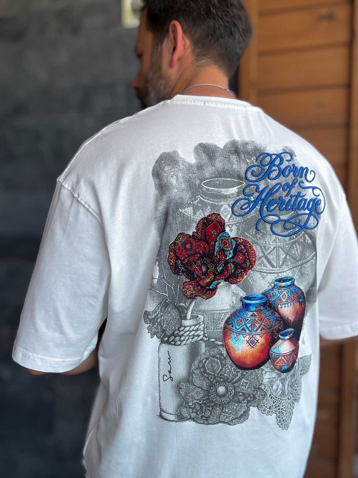 Beyaz Heritage Nakışlı Oversize T-Shirt SW-5181