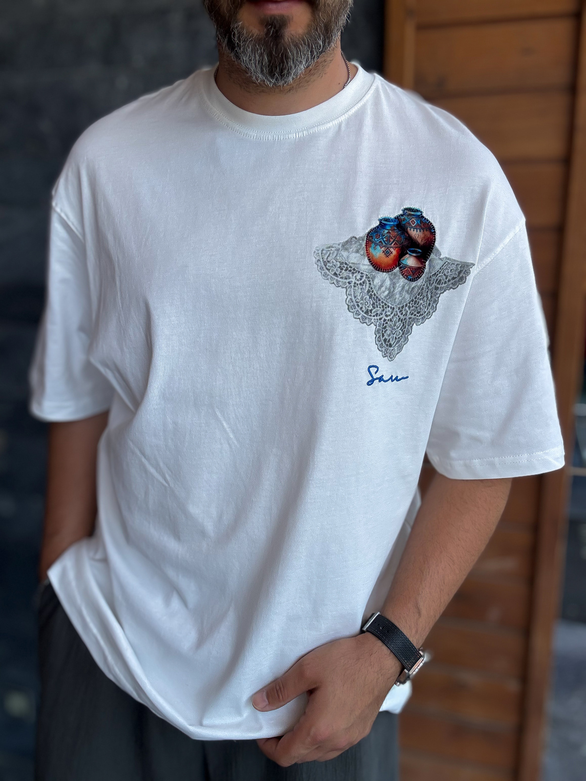 Beyaz Heritage Nakışlı Oversize T-Shirt SW-5181
