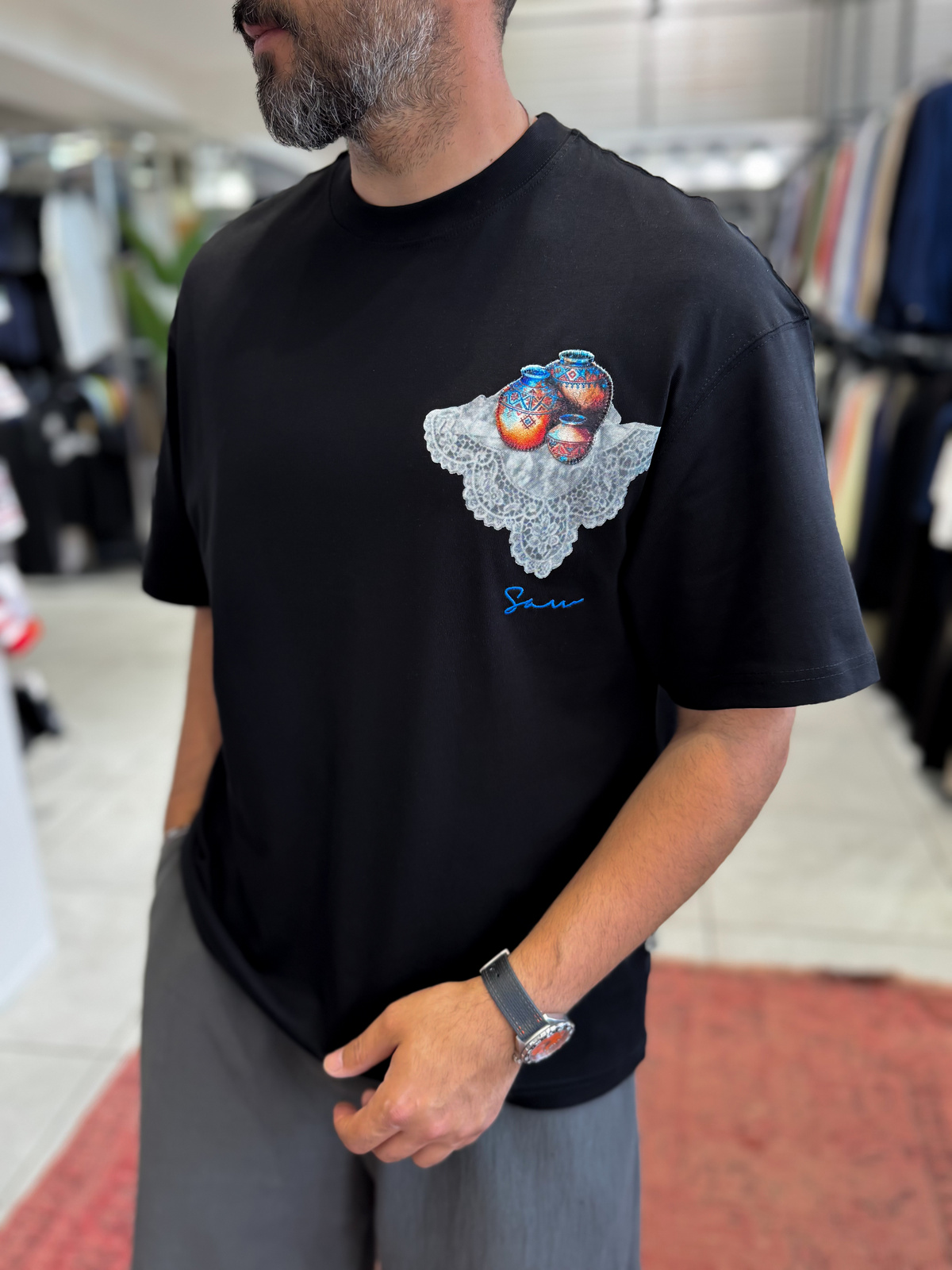 Siyah Heritage Nakışlı Oversize T-Shirt SW-5181