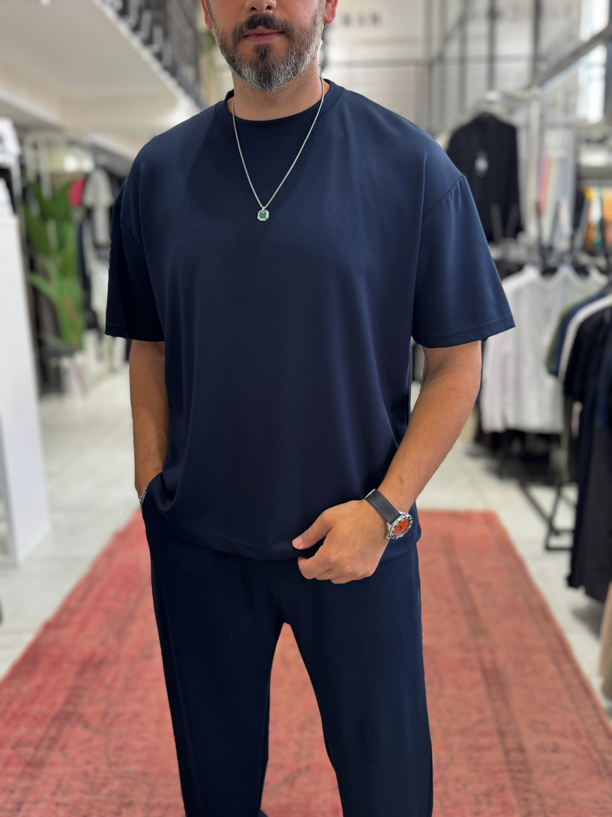 Lacivert Oversize Basic Modal Kumaş T-Shirt RSP