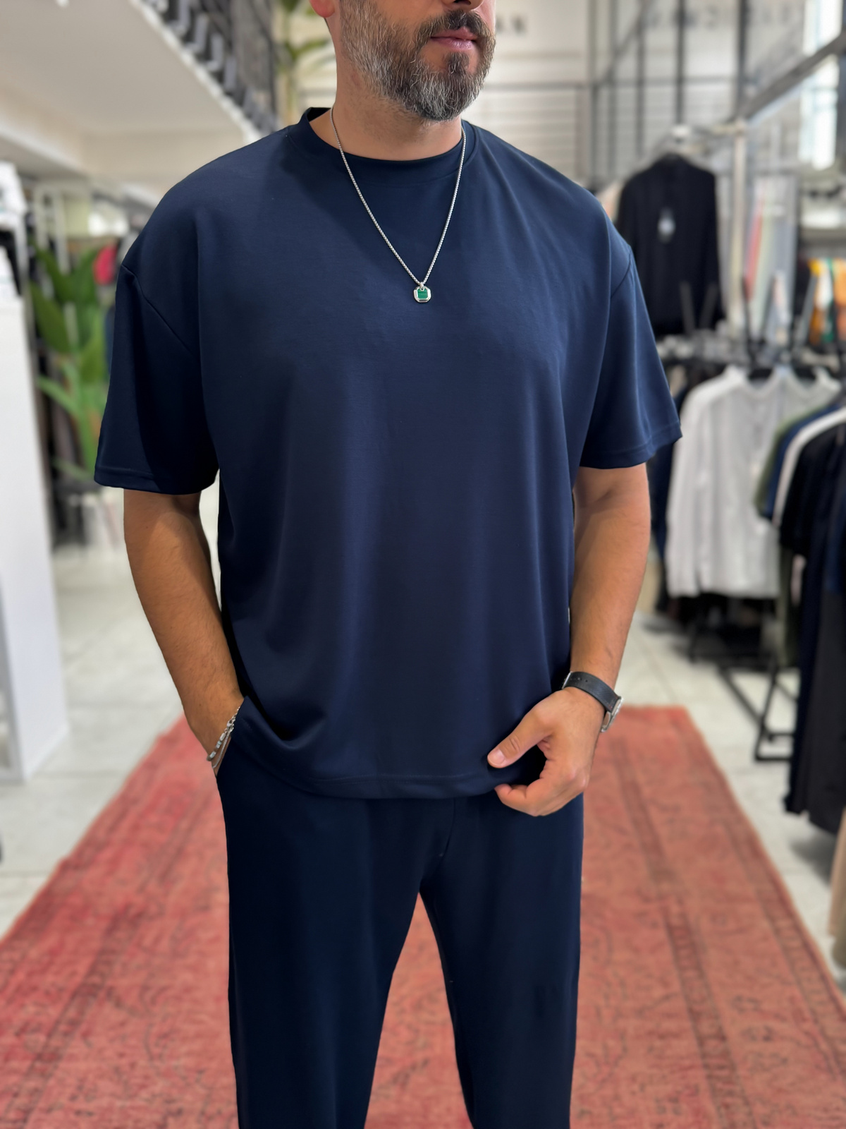 Lacivert Oversize Basic Modal Kumaş T-Shirt RSP