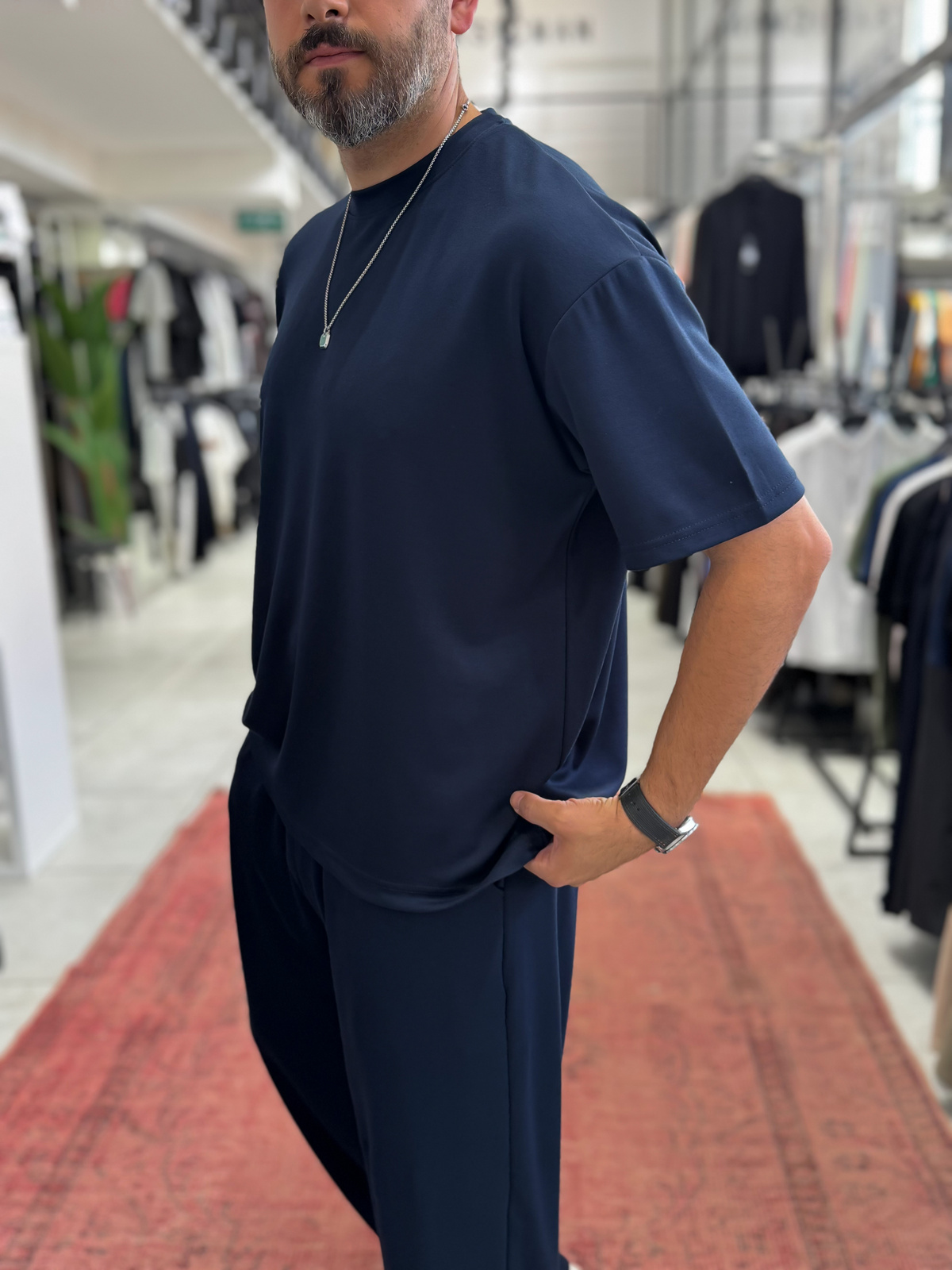 Lacivert Oversize Basic Modal Kumaş T-Shirt RSP