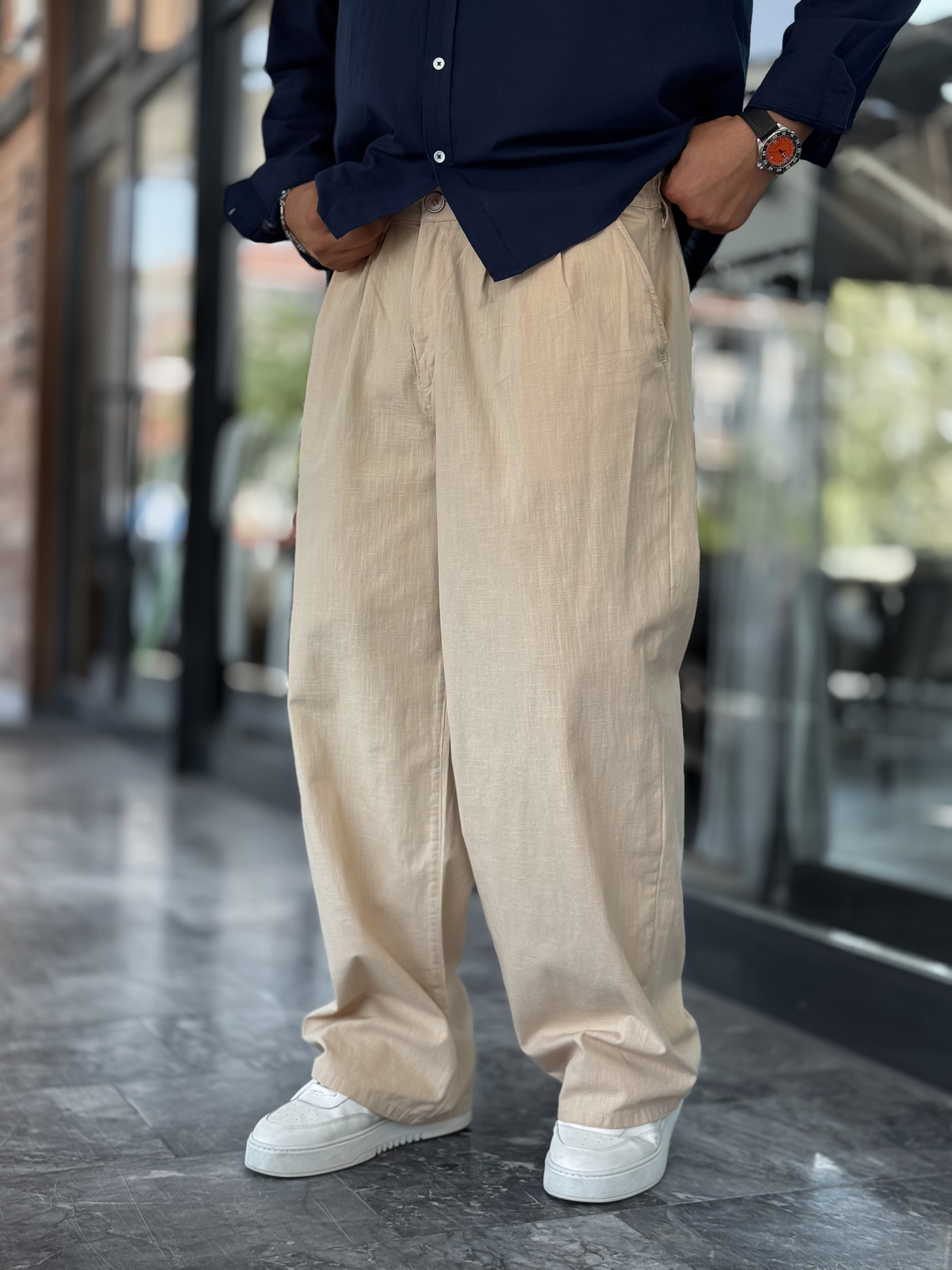 Bej Keten Baggy Pantolon GJ-17237
