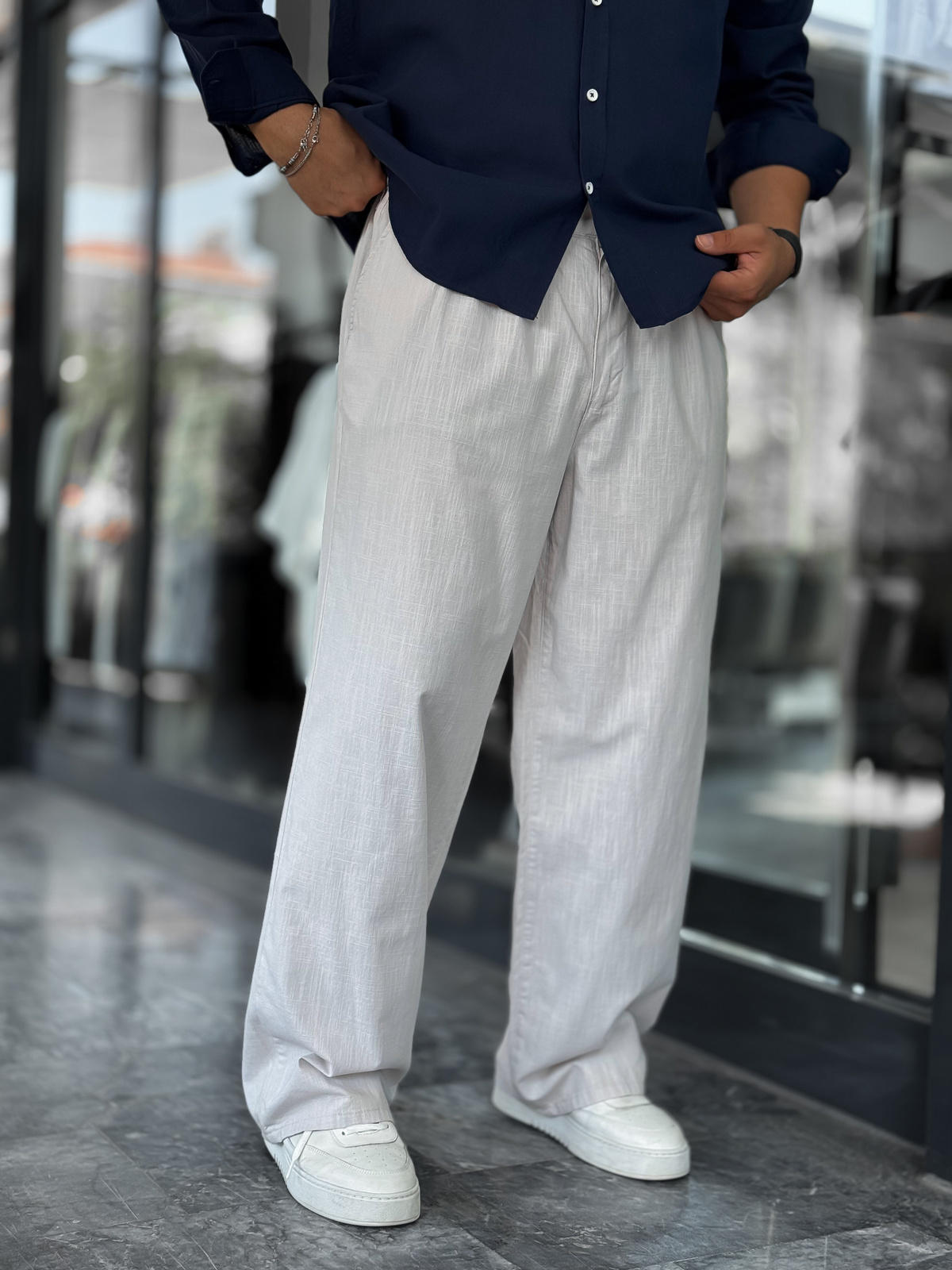 Gri Keten Baggy Pantolon GJ-17237