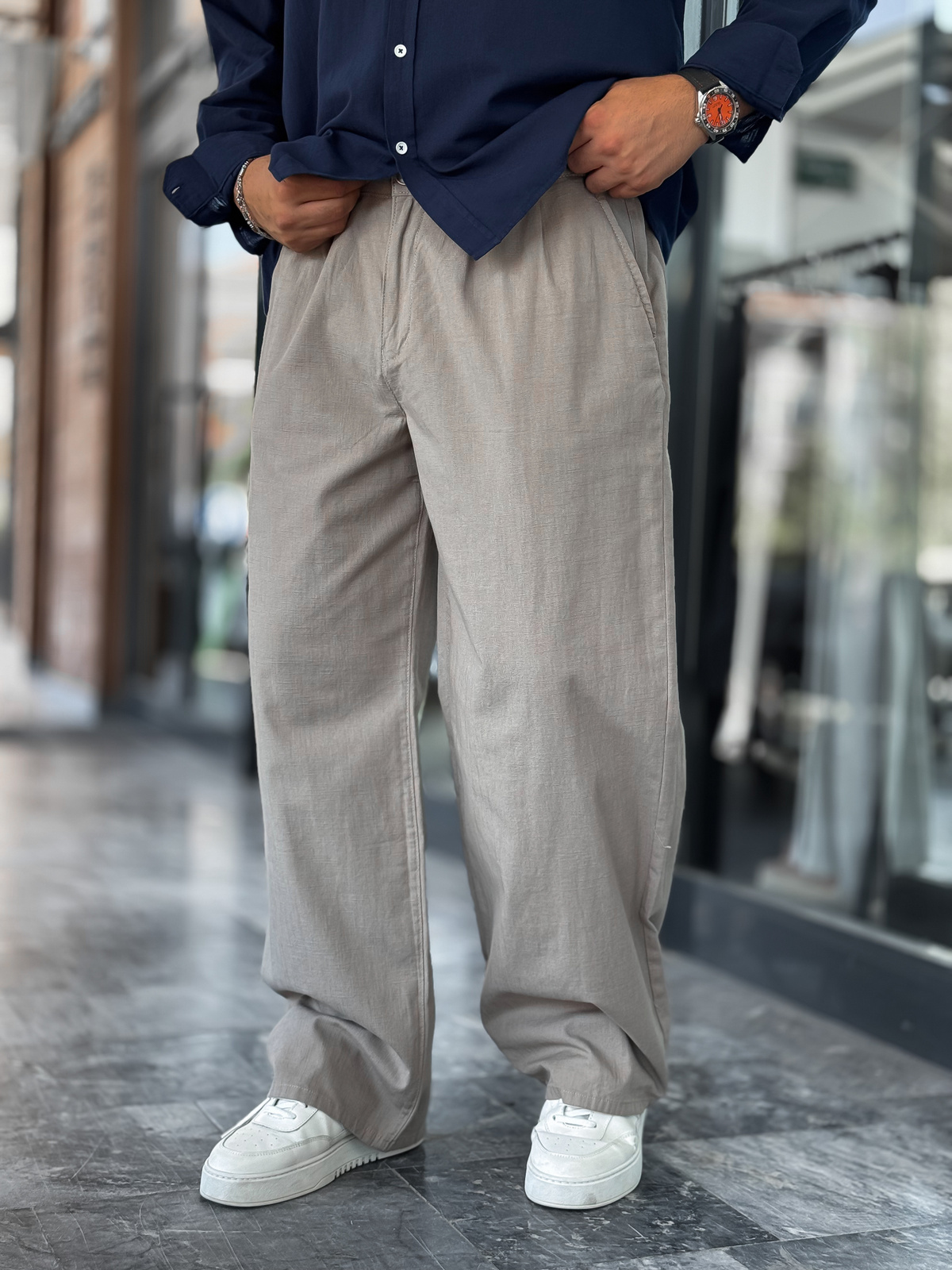 Açık Haki Keten Baggy Pantolon GJ-17237