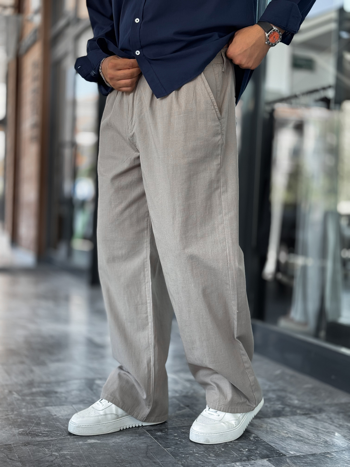 Açık Haki Keten Baggy Pantolon GJ-17237