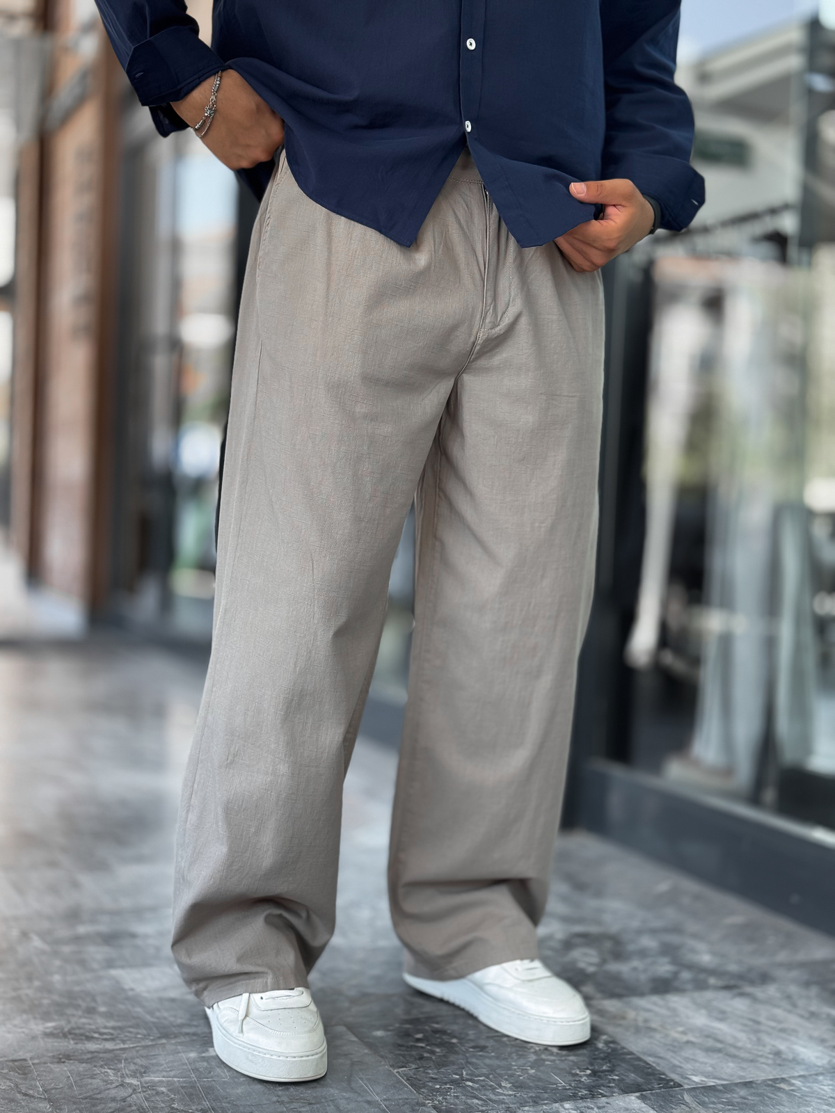 Açık Haki Keten Baggy Pantolon GJ-17237