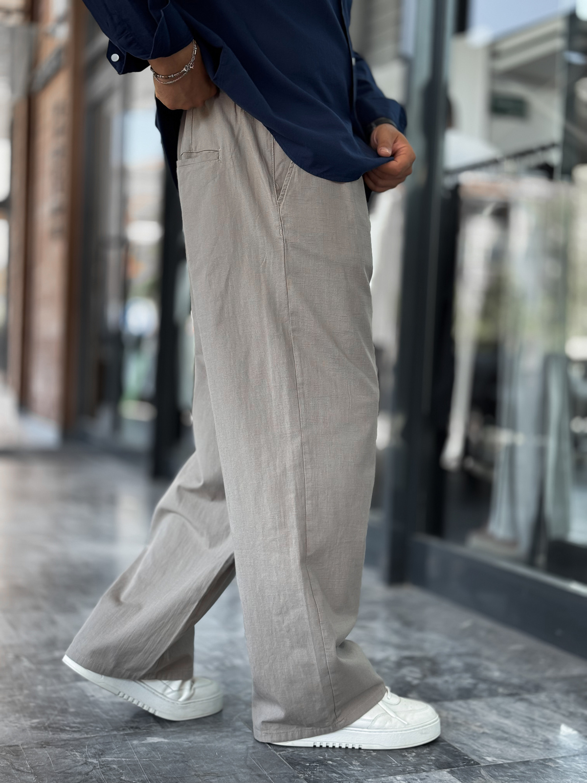 Açık Haki Keten Baggy Pantolon GJ-17237