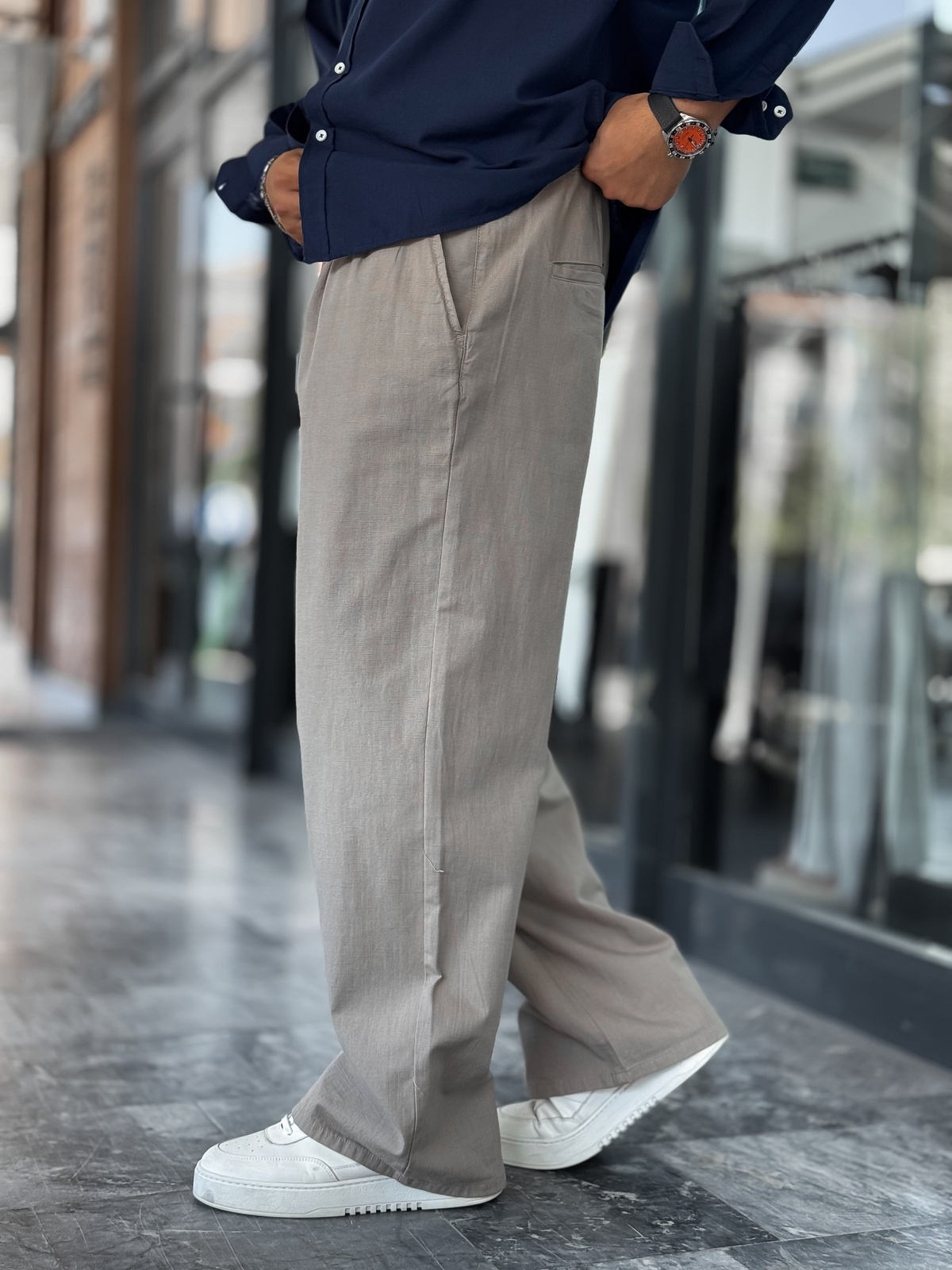 Açık Haki Keten Baggy Pantolon GJ-17237