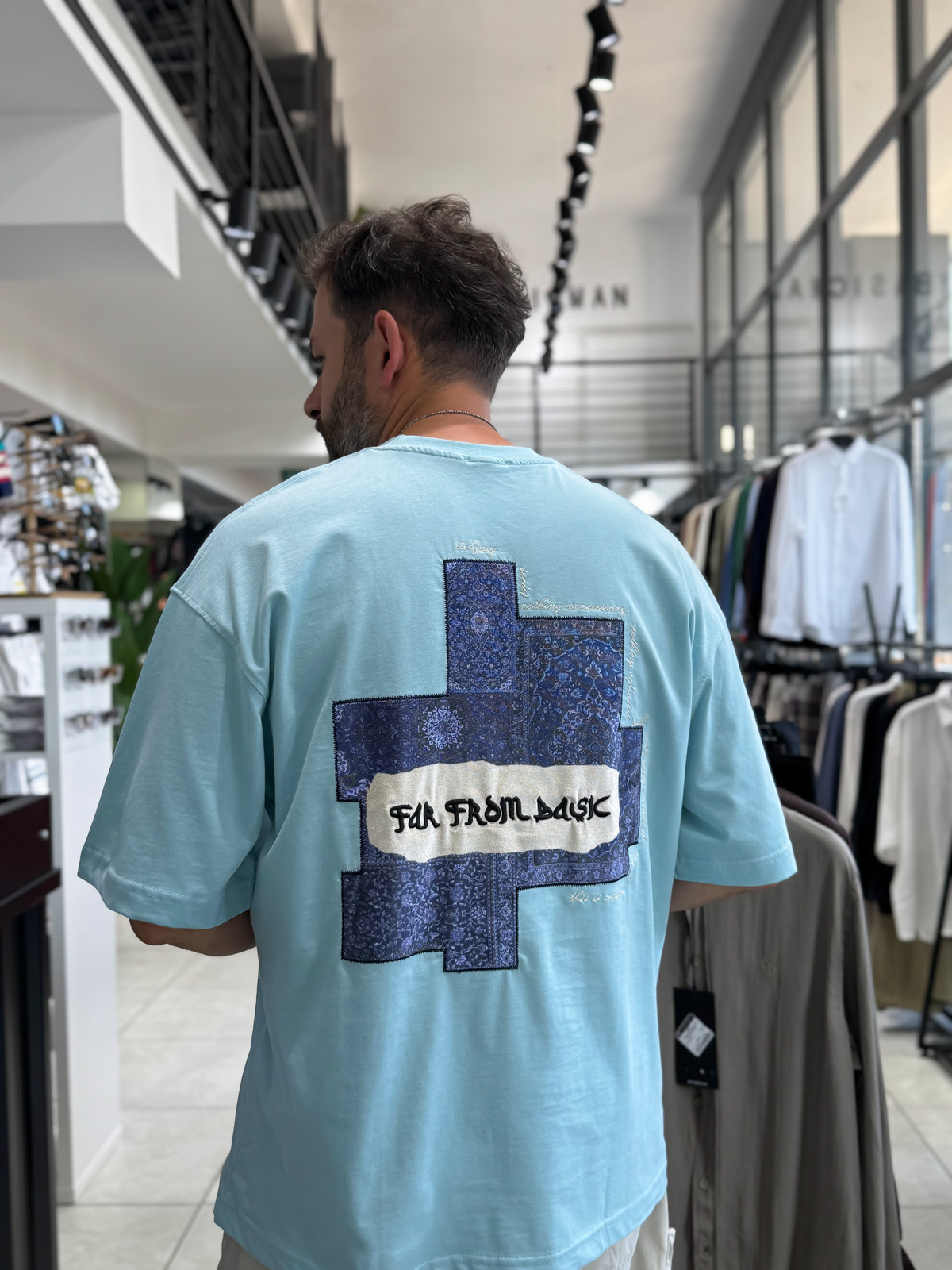 Açık Mavi Motif Halı Patchli Oversize T-Shirt RES-1117