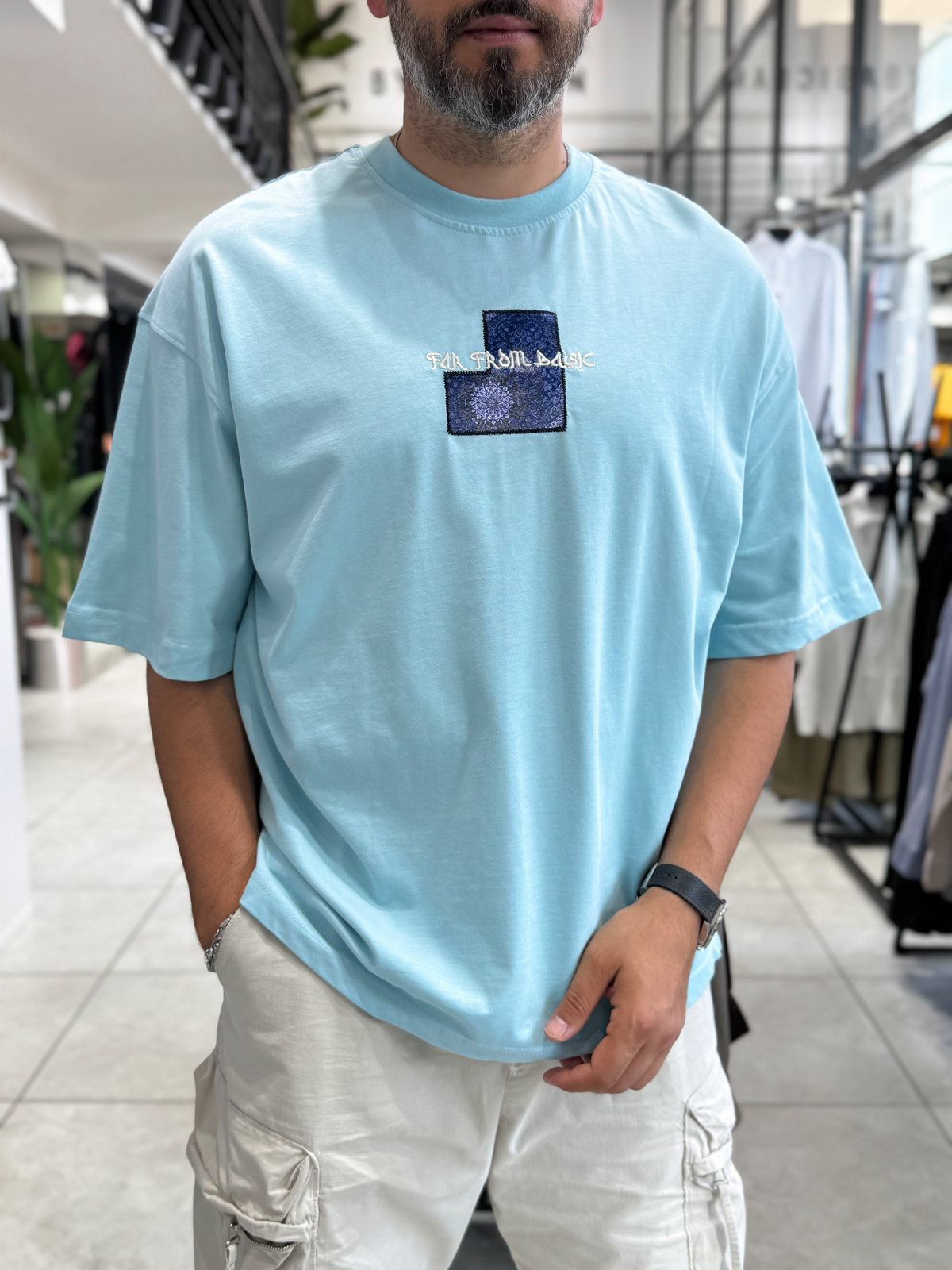 Açık Mavi Motif Halı Patchli Oversize T-Shirt RES-1117