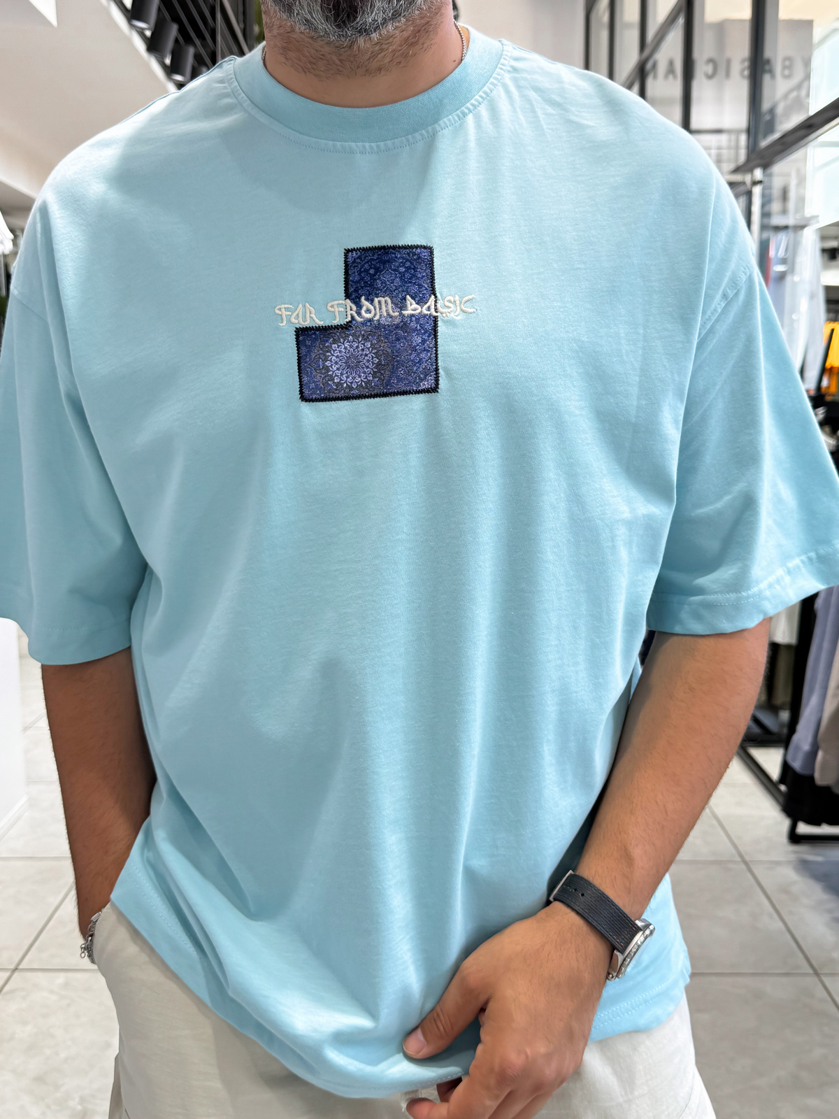 Açık Mavi Motif Halı Patchli Oversize T-Shirt RES-1117