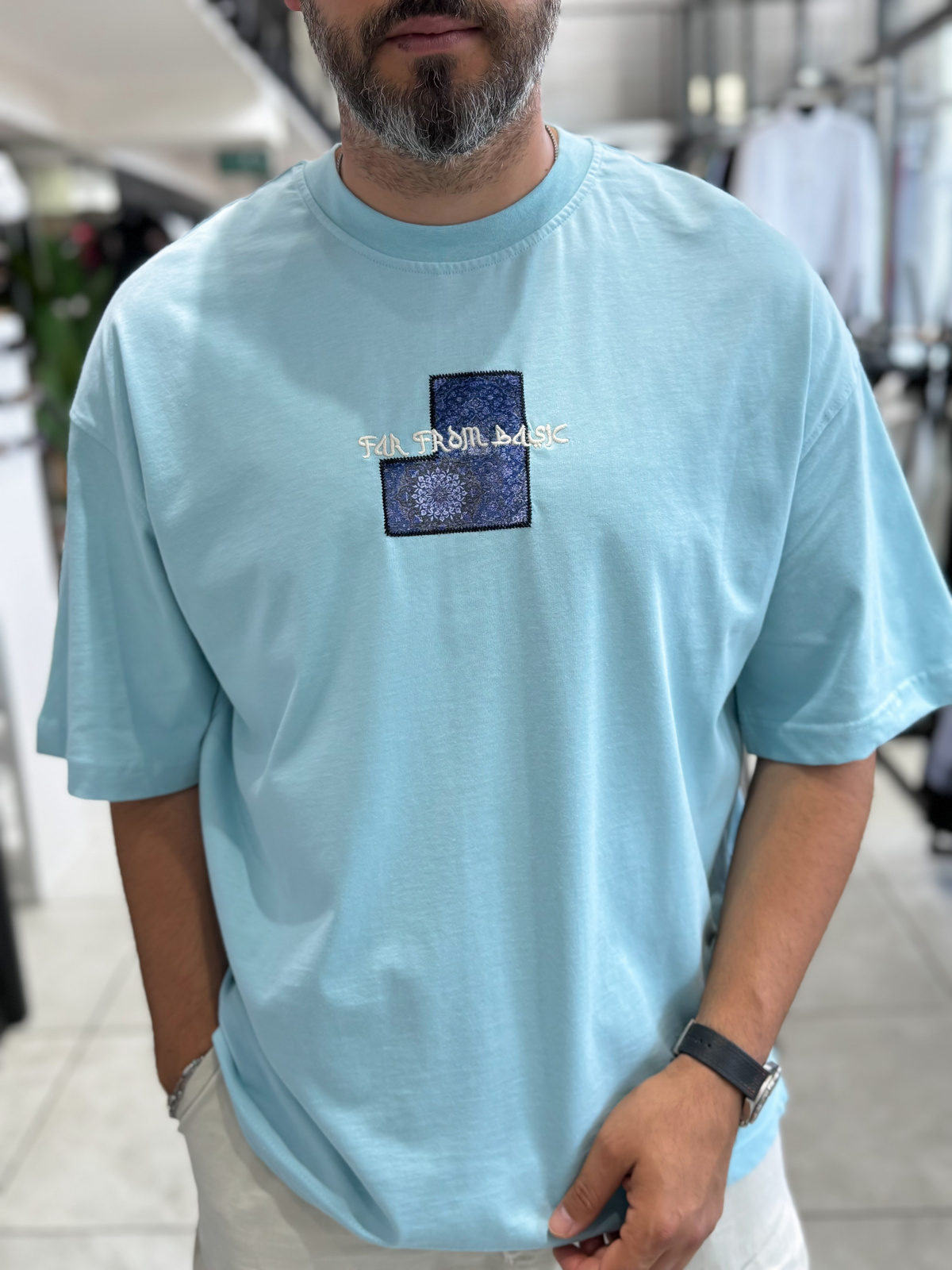 Açık Mavi Motif Halı Patchli Oversize T-Shirt RES-1117