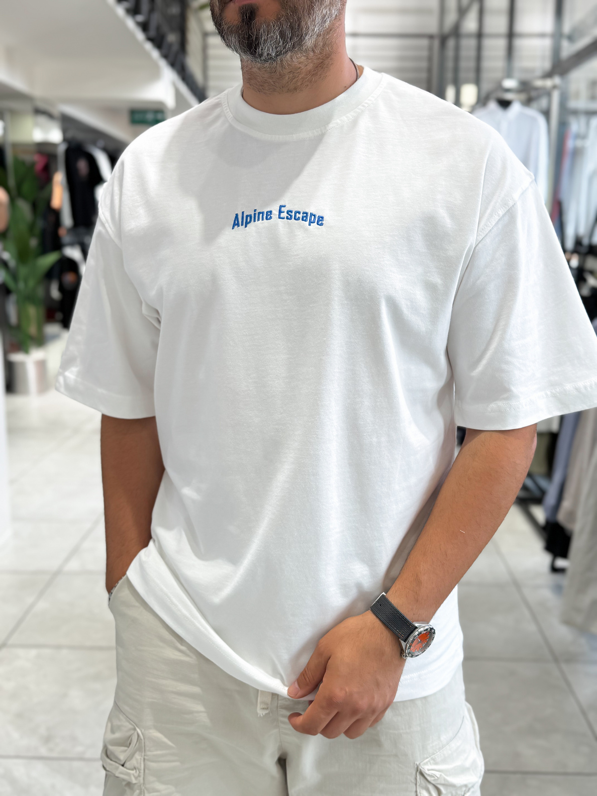 Beyaz Alpine Nakışlı Oversize T-Shirt RES-1131