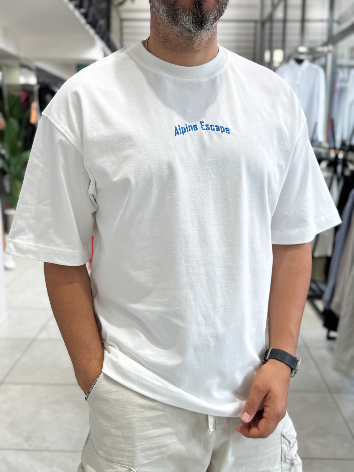 Beyaz Alpine Nakışlı Oversize T-Shirt RES-1131