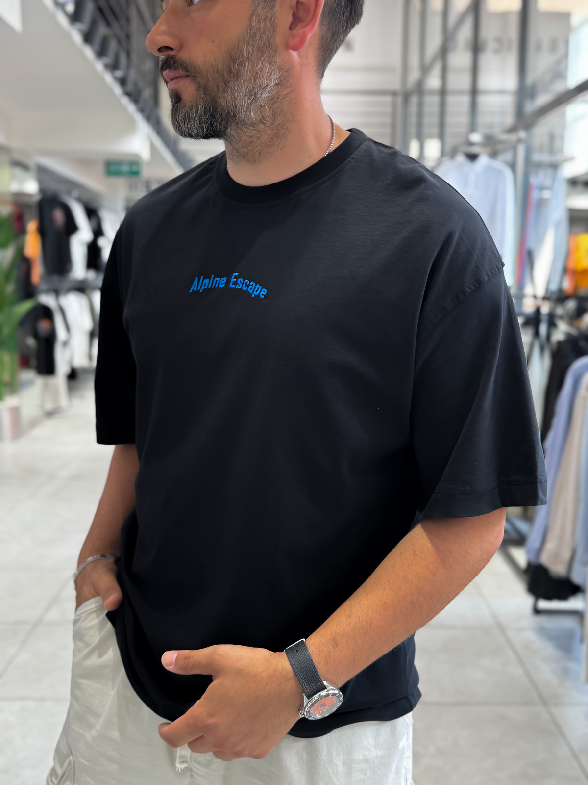 Siyah Alpine Nakışlı Oversize T-Shirt RES-1131