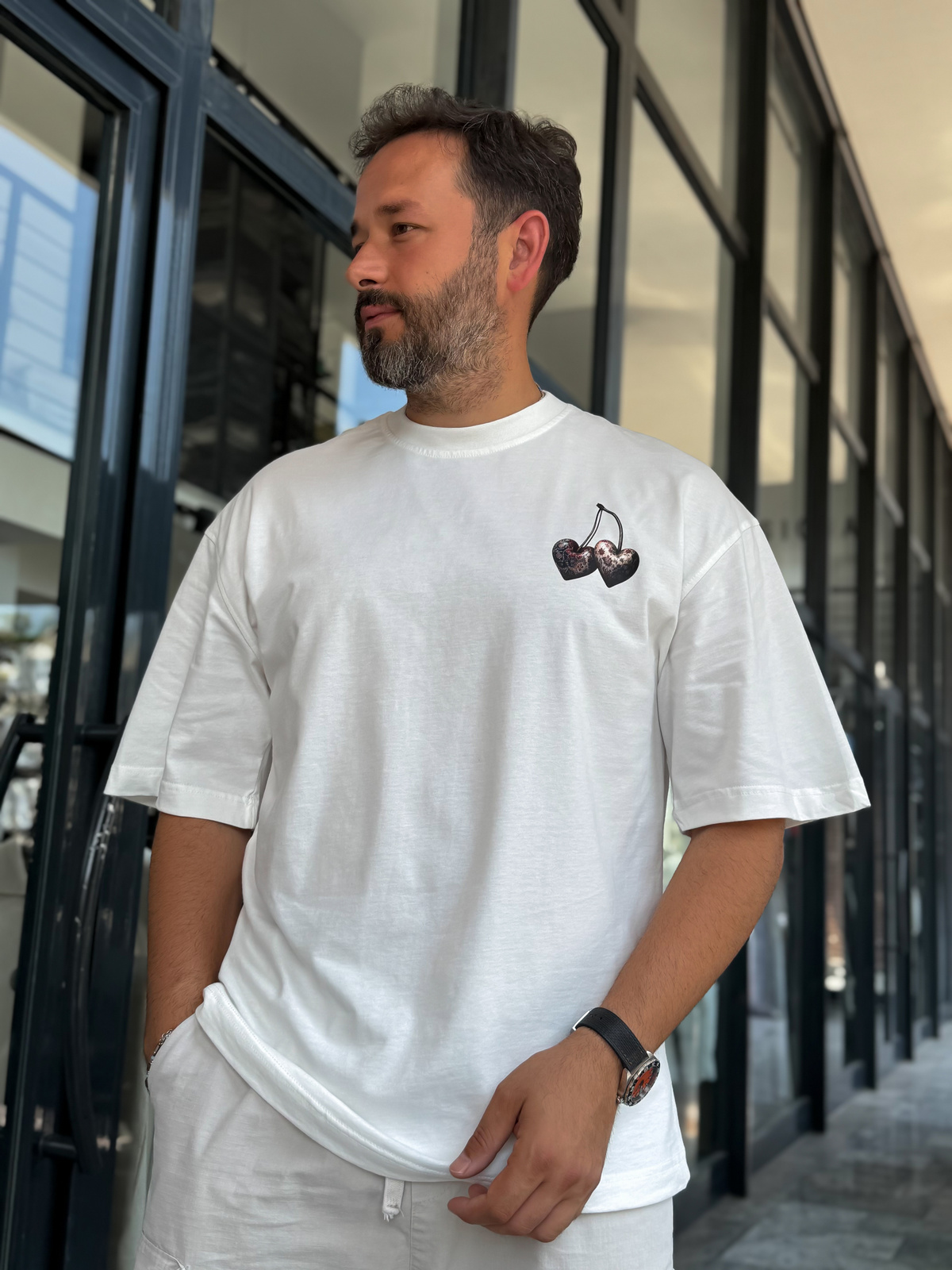 Beyaz Kiraz Baskılı Oversize T-Shirt RES-1128