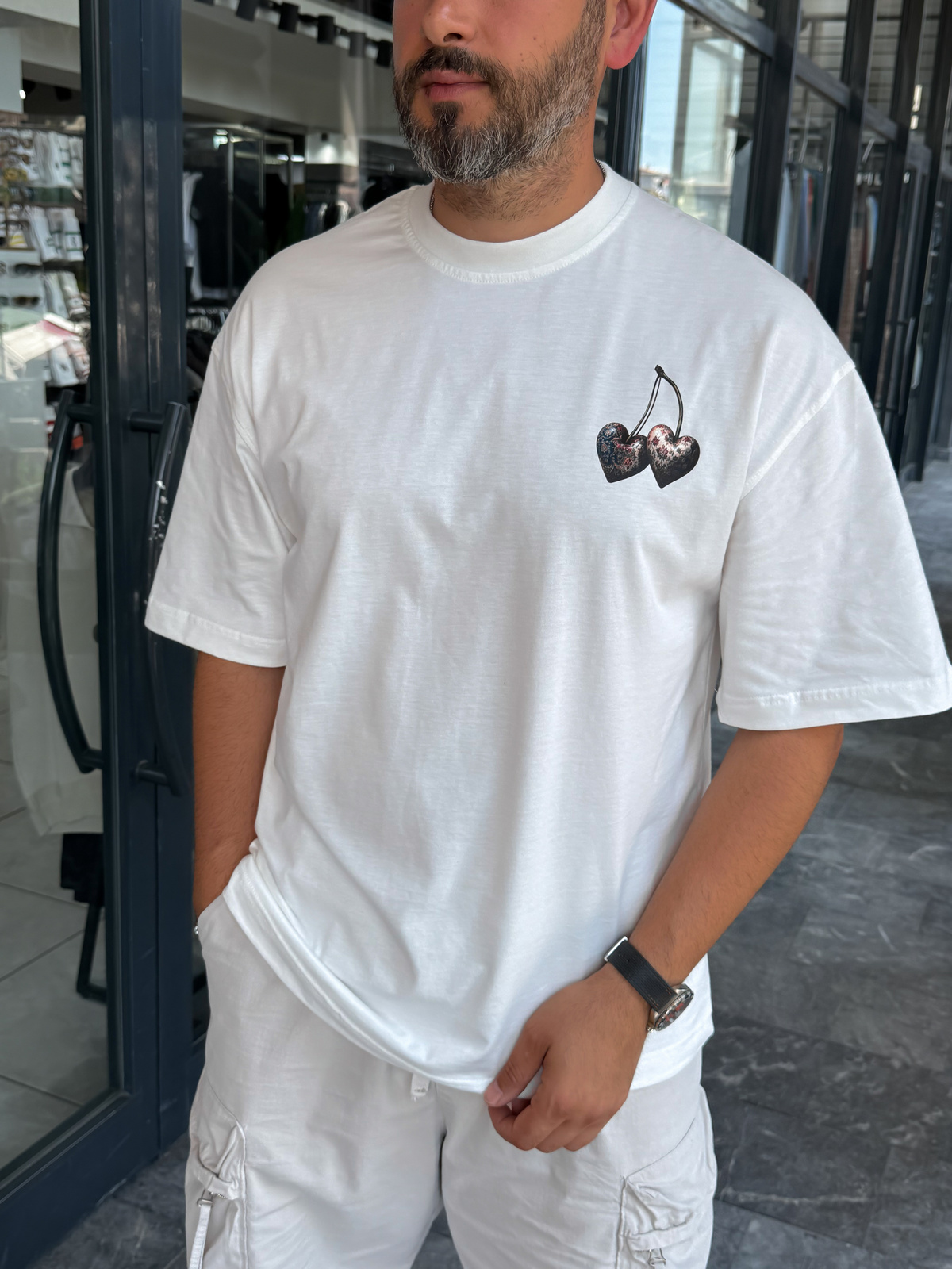 Beyaz Kiraz Baskılı Oversize T-Shirt RES-1128