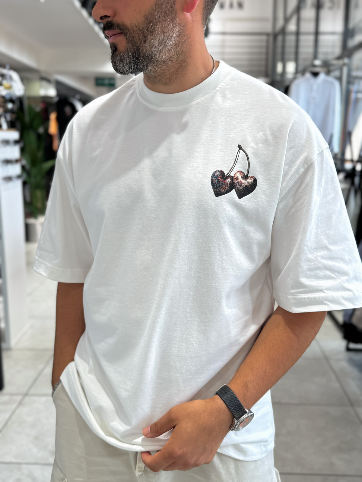 Beyaz Kiraz Baskılı Oversize T-Shirt RES-1128