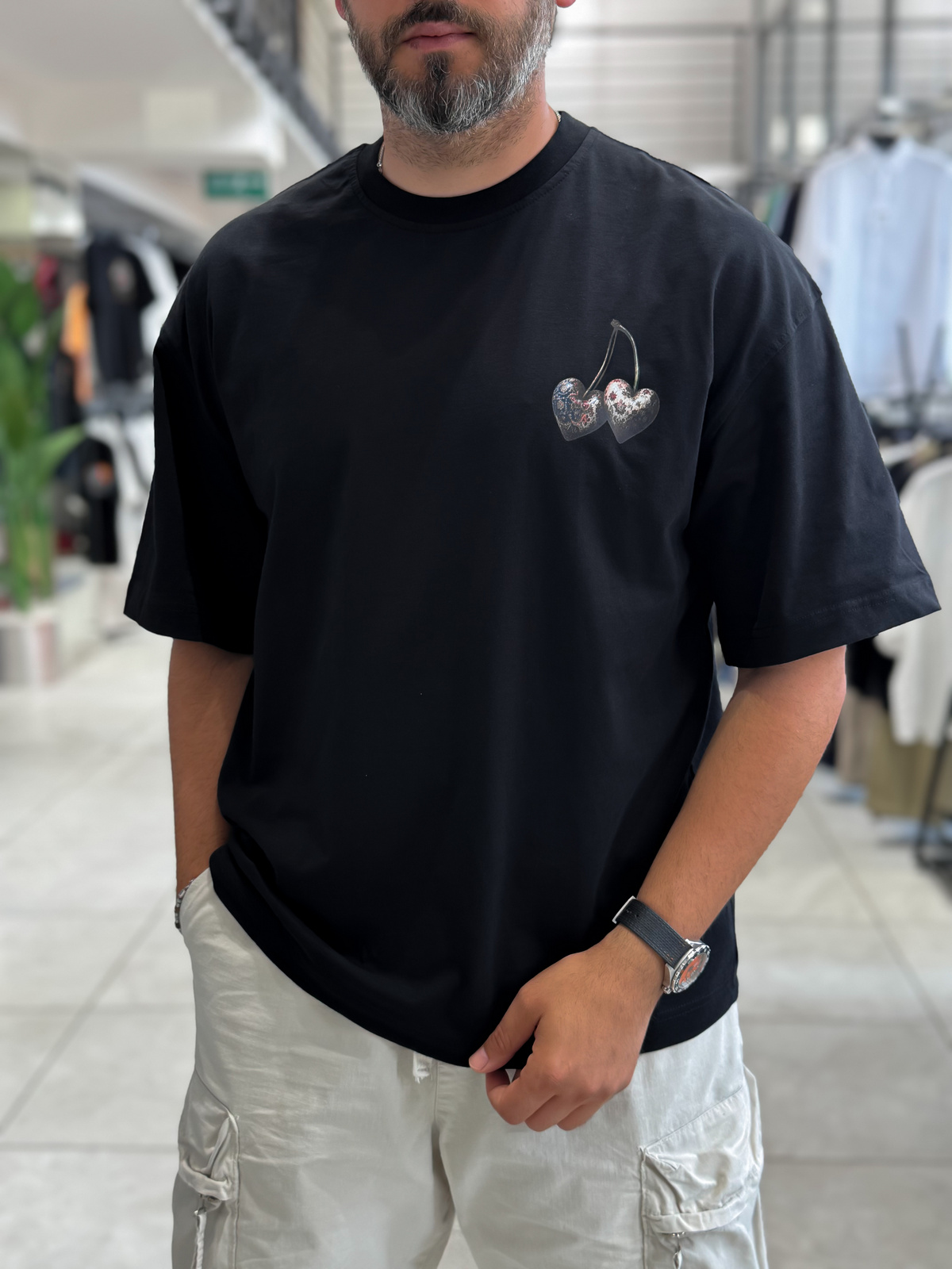 Siyah Kiraz Baskılı Oversize T-Shirt RES-1128