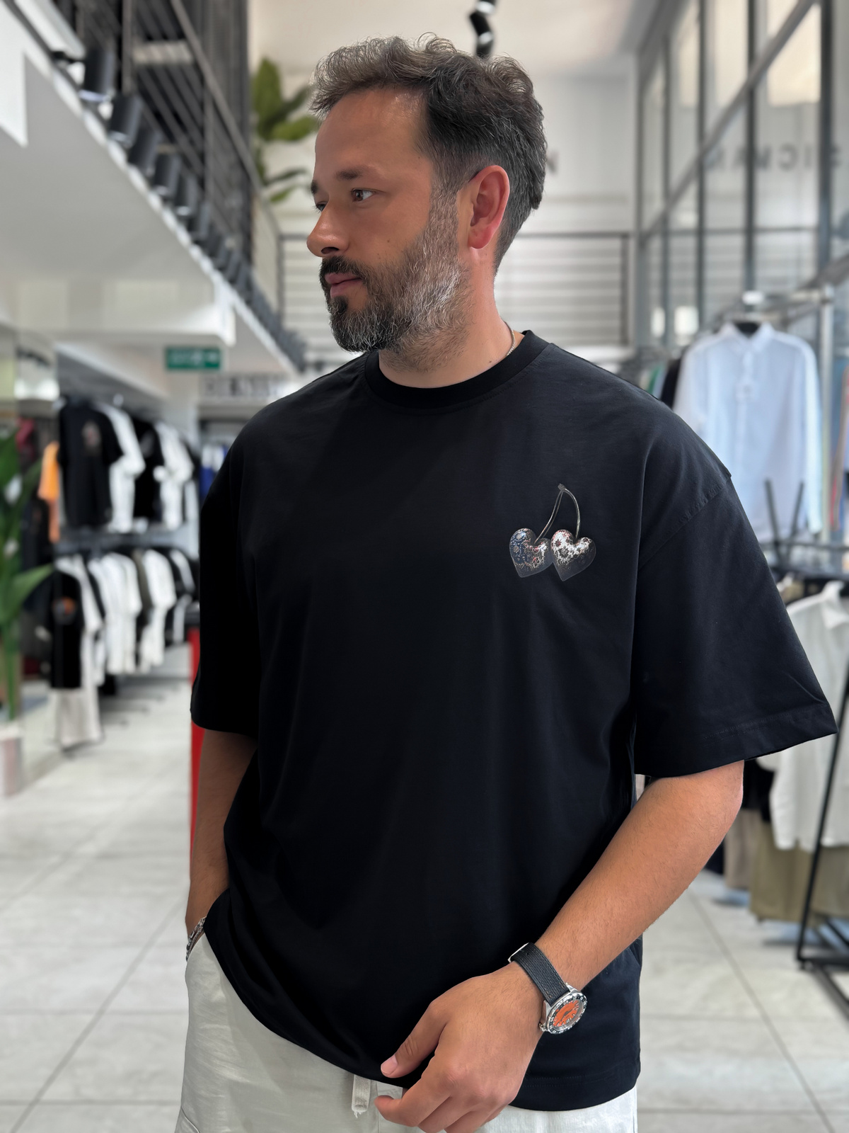 Siyah Kiraz Baskılı Oversize T-Shirt RES-1128