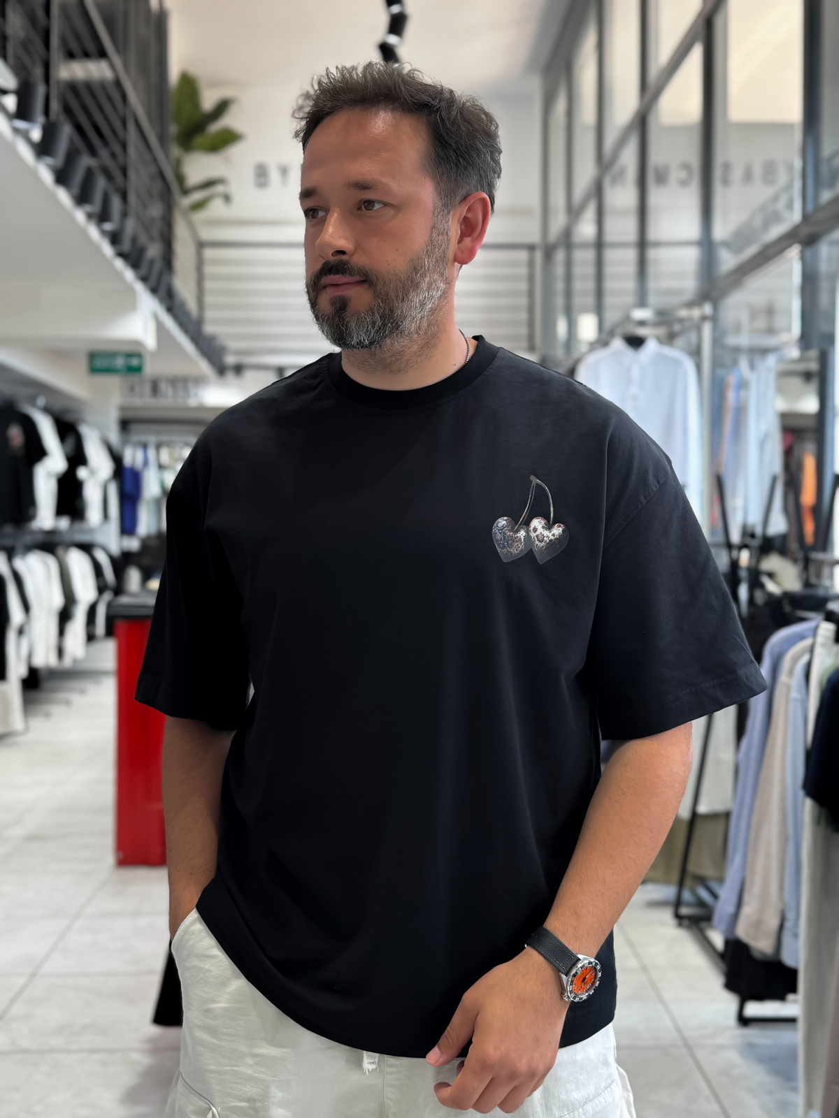 Siyah Kiraz Baskılı Oversize T-Shirt RES-1128