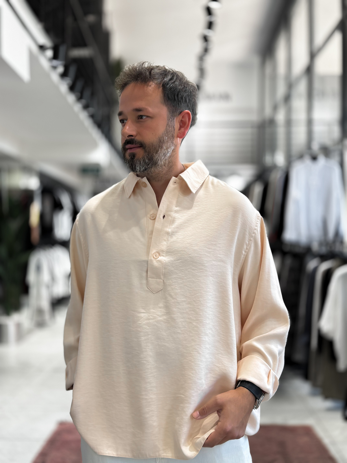 Bej Yarım Düğmeli Oversize Gömlek SW-1595